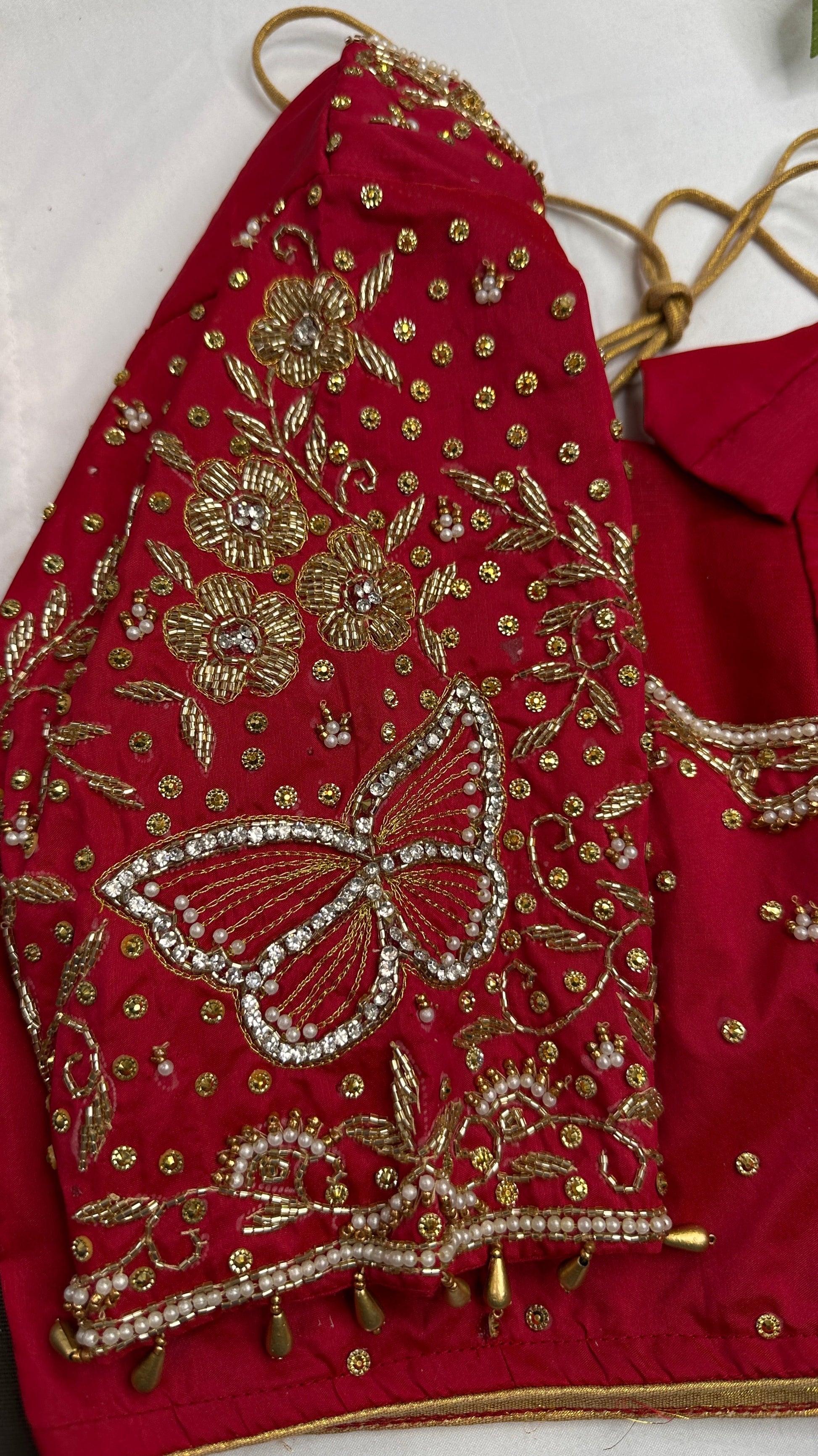Butterfly Pattern Red Silk Maggam Aari Pearl Work Blouse - 