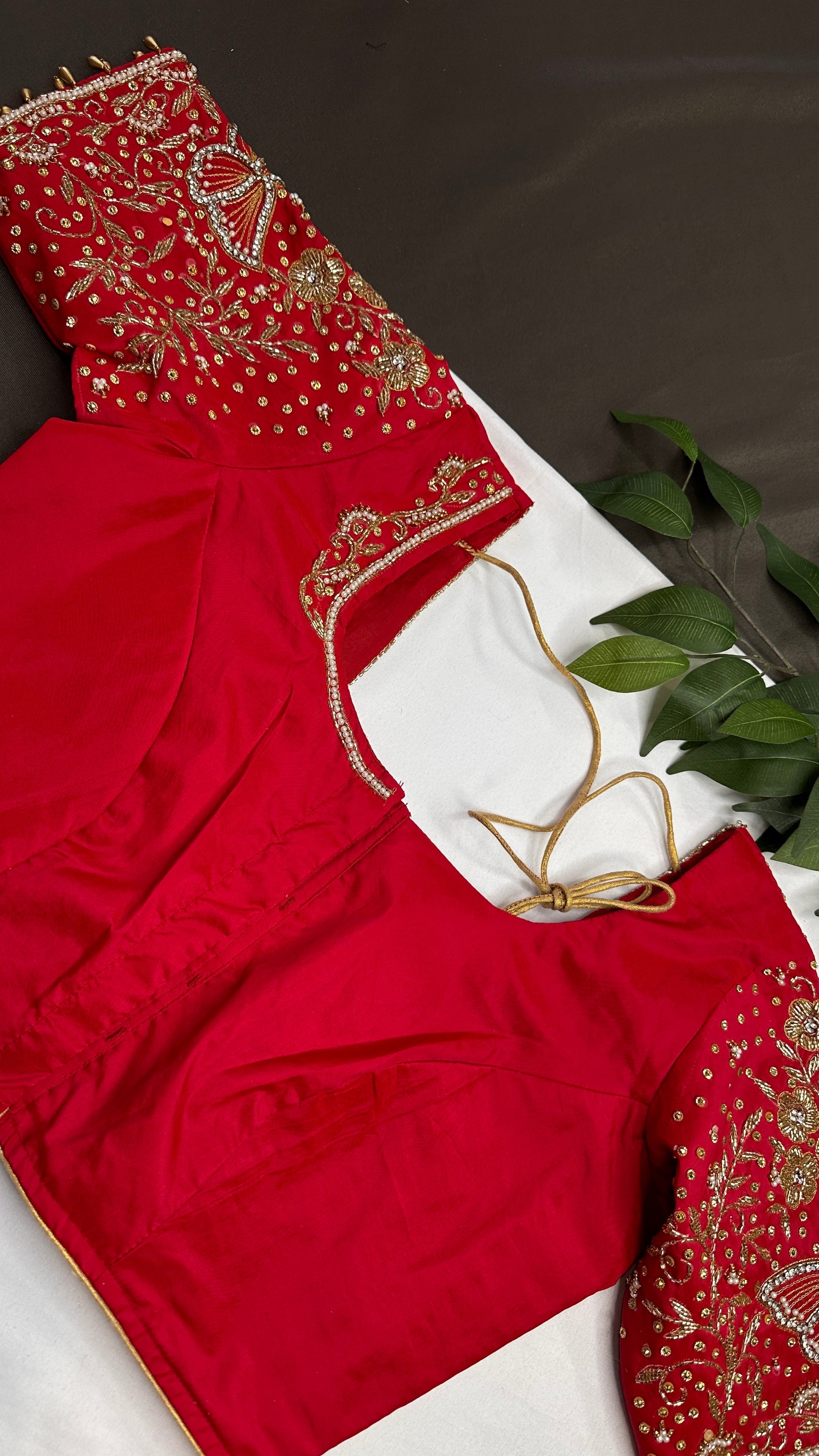 Butterfly Pattern Red Silk Maggam Aari Pearl Work Blouse - 