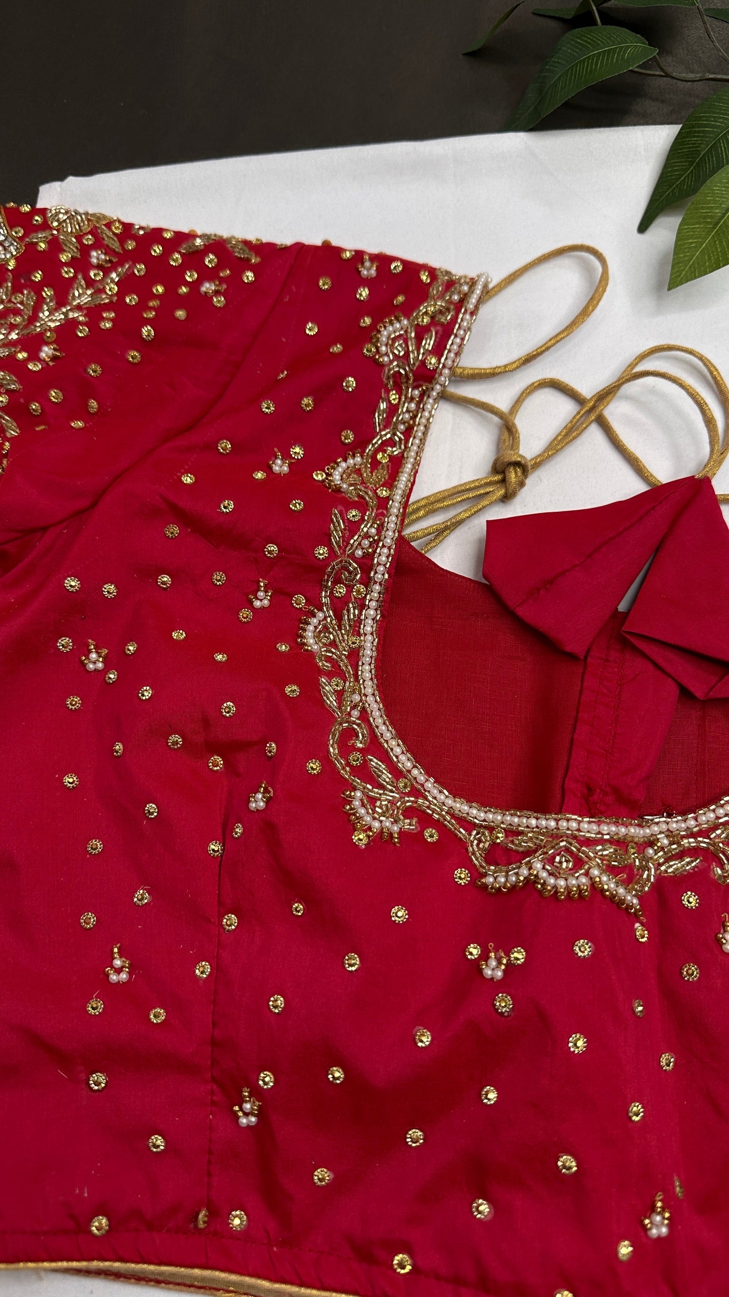 Butterfly Pattern Red Silk Maggam Aari Pearl Work Blouse - 