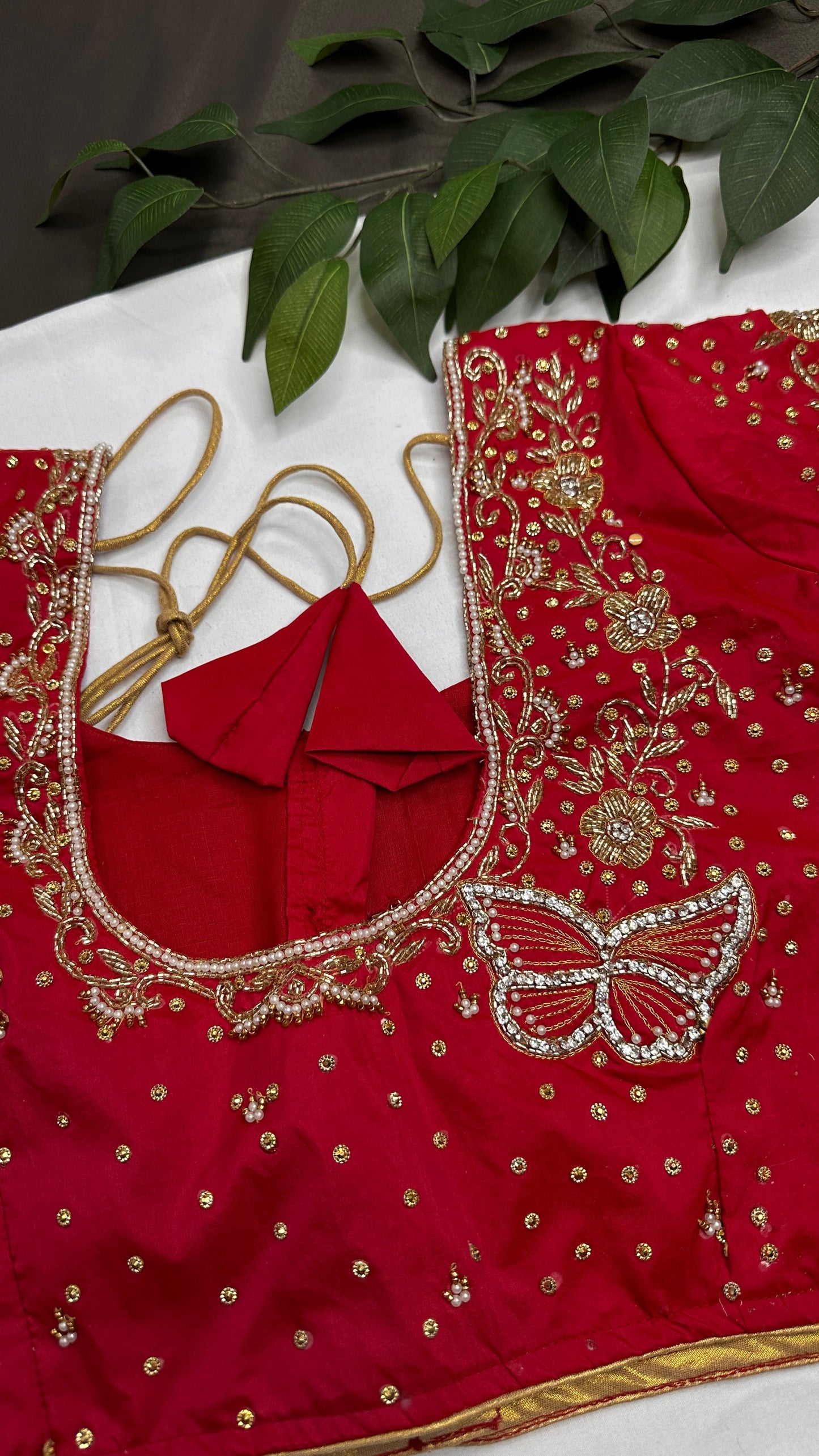 Butterfly Pattern Red Silk Maggam Aari Pearl Work Blouse - 