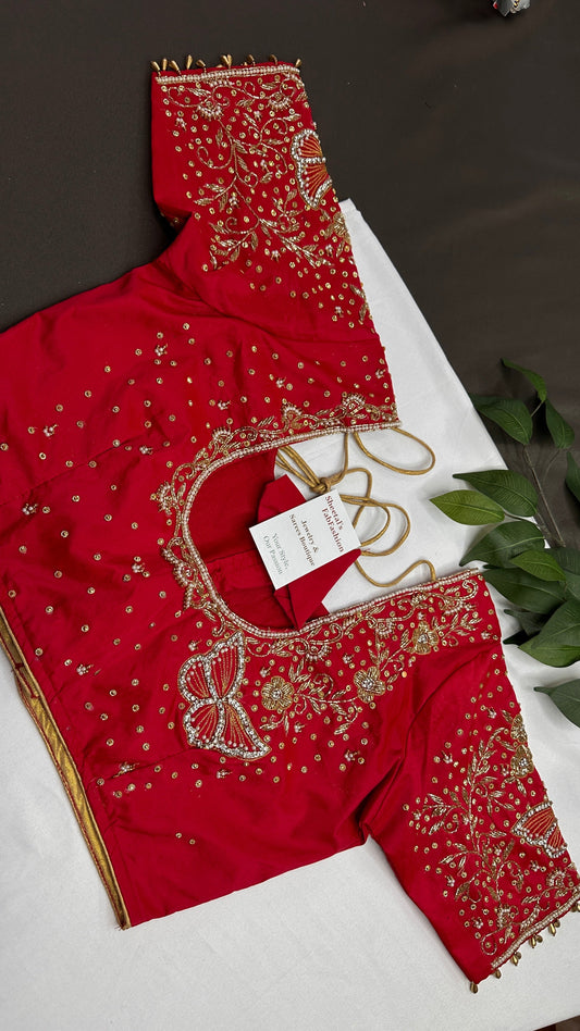 Butterfly Pattern Red Silk Maggam Aari Pearl Work Blouse - 