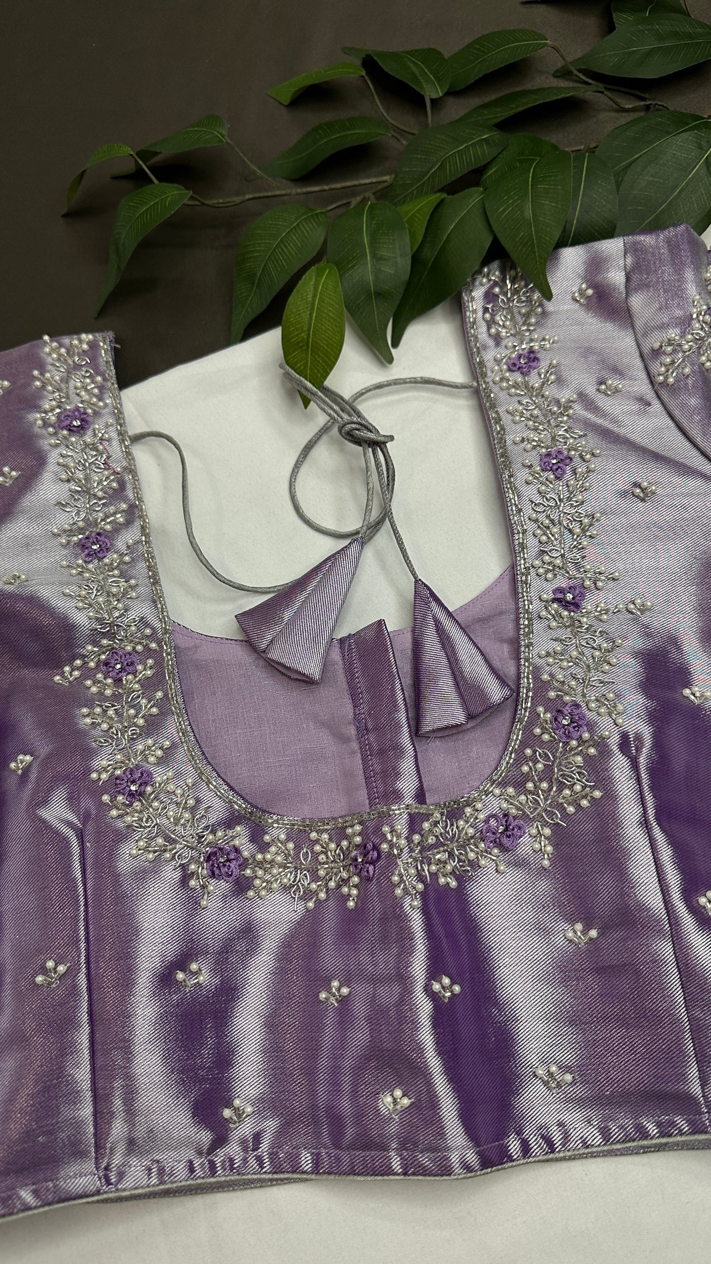 Lavender Purple Chinon Silk Maggam Aari Work Blouse - 
