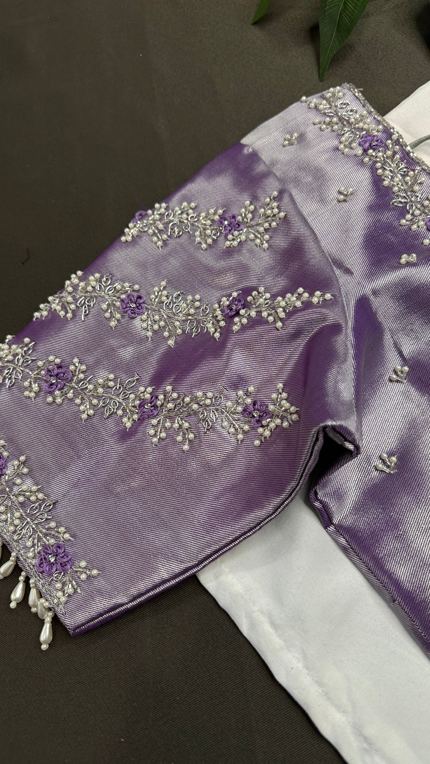 Lavender Purple Chinon Silk Maggam Aari Work Blouse - 