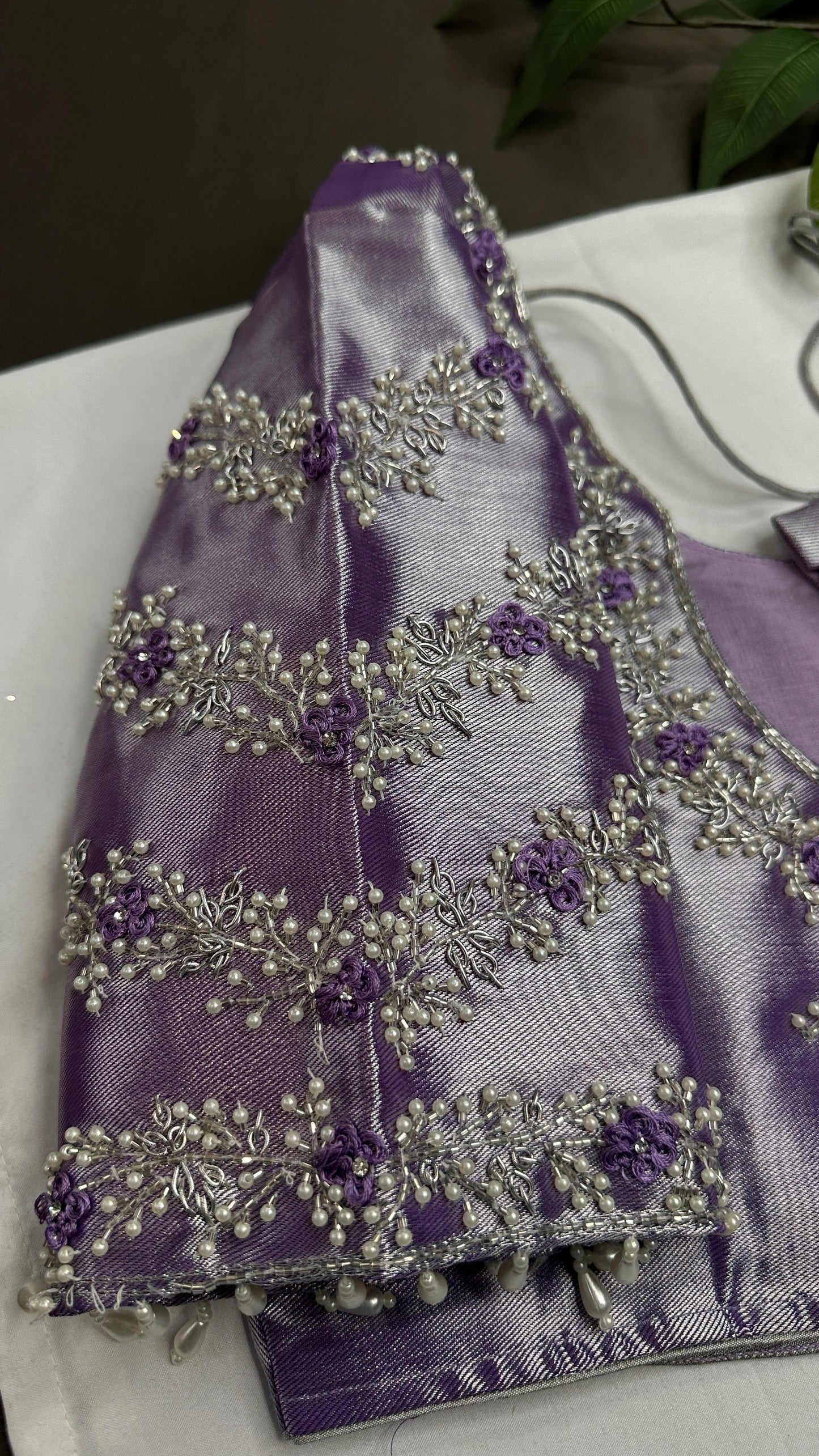 Lavender Purple Chinon Silk Maggam Aari Work Blouse - 