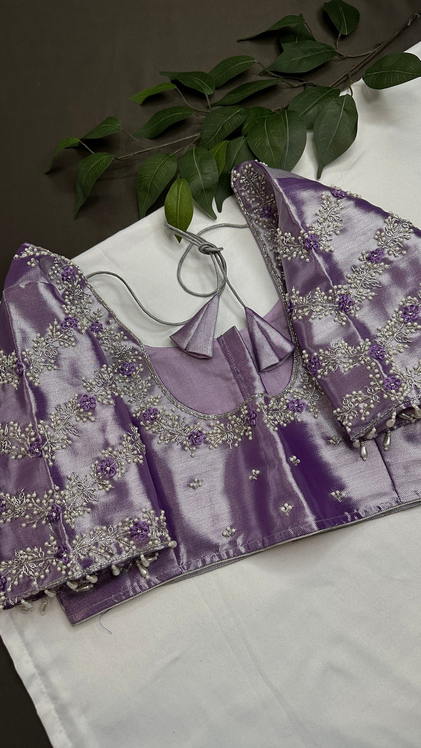 Lavender Purple Chinon Silk Maggam Aari Work Blouse - 