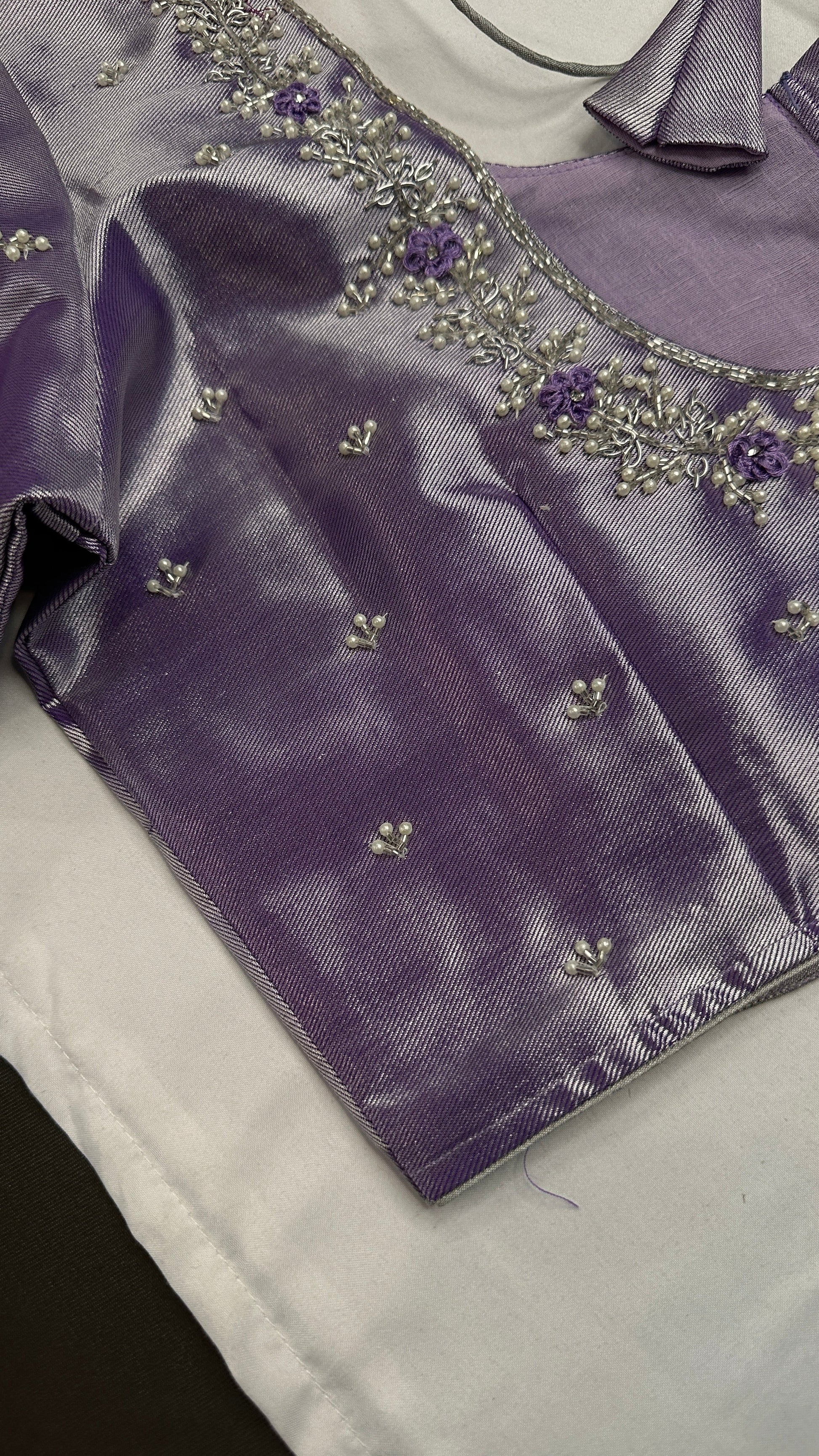 Lavender Purple Chinon Silk Maggam Aari Work Blouse - 