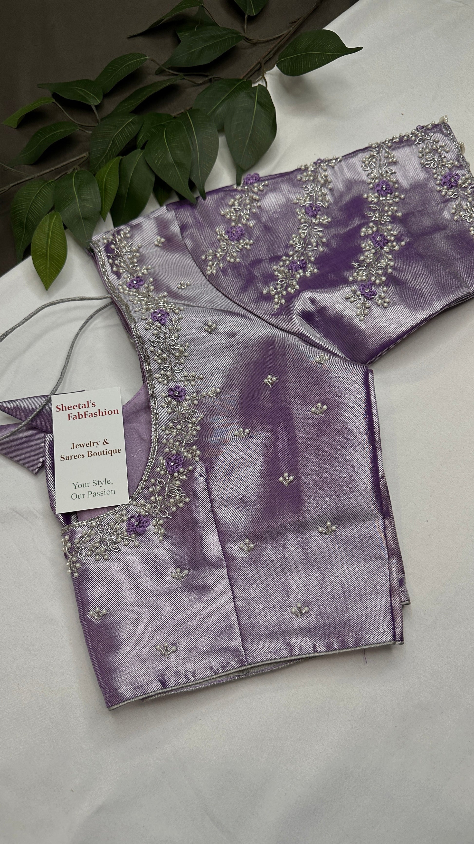 Lavender Purple Chinon Silk Maggam Aari Work Blouse - 