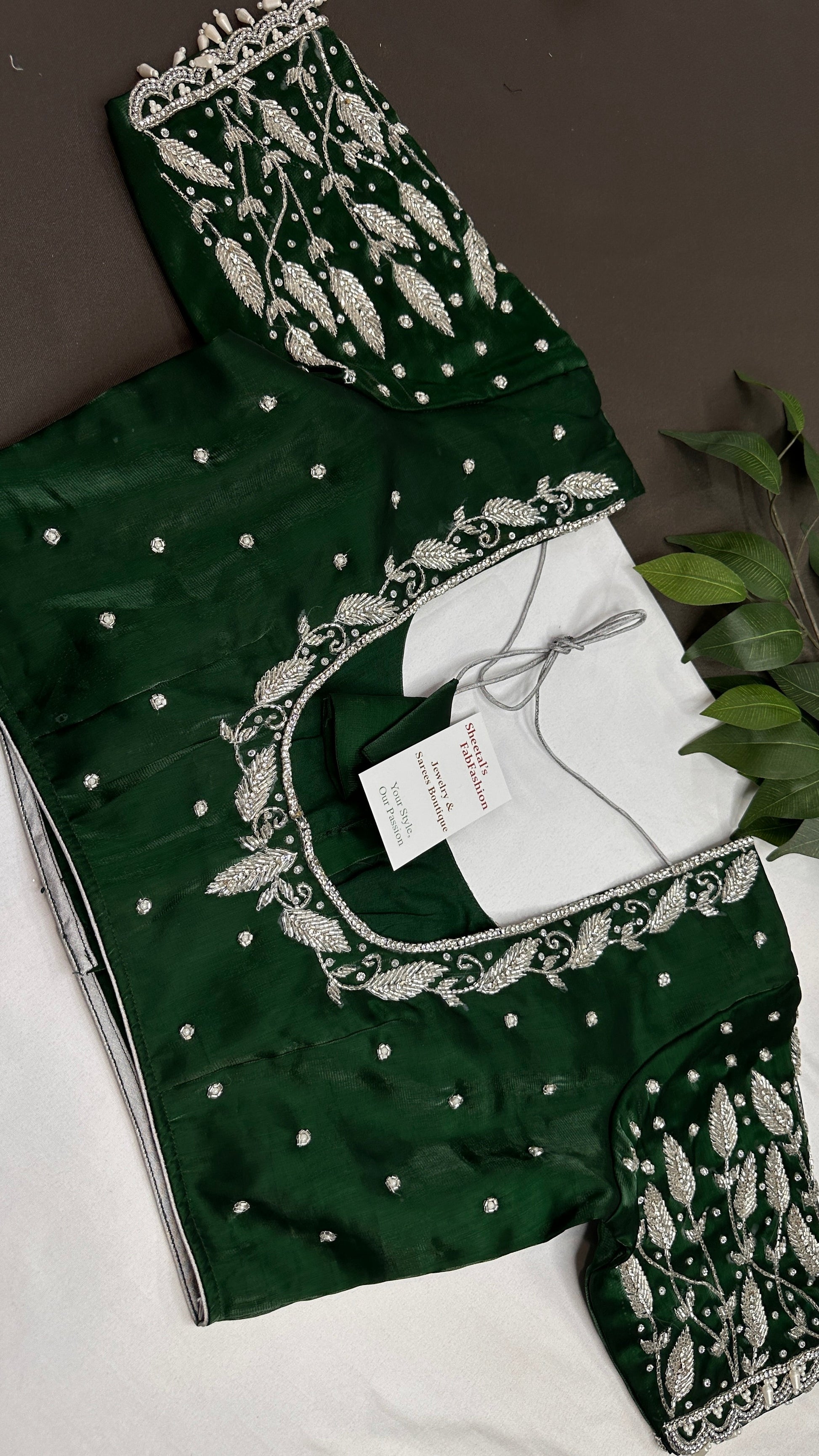 Crepe Green Silver Pearl Work Blouse - 