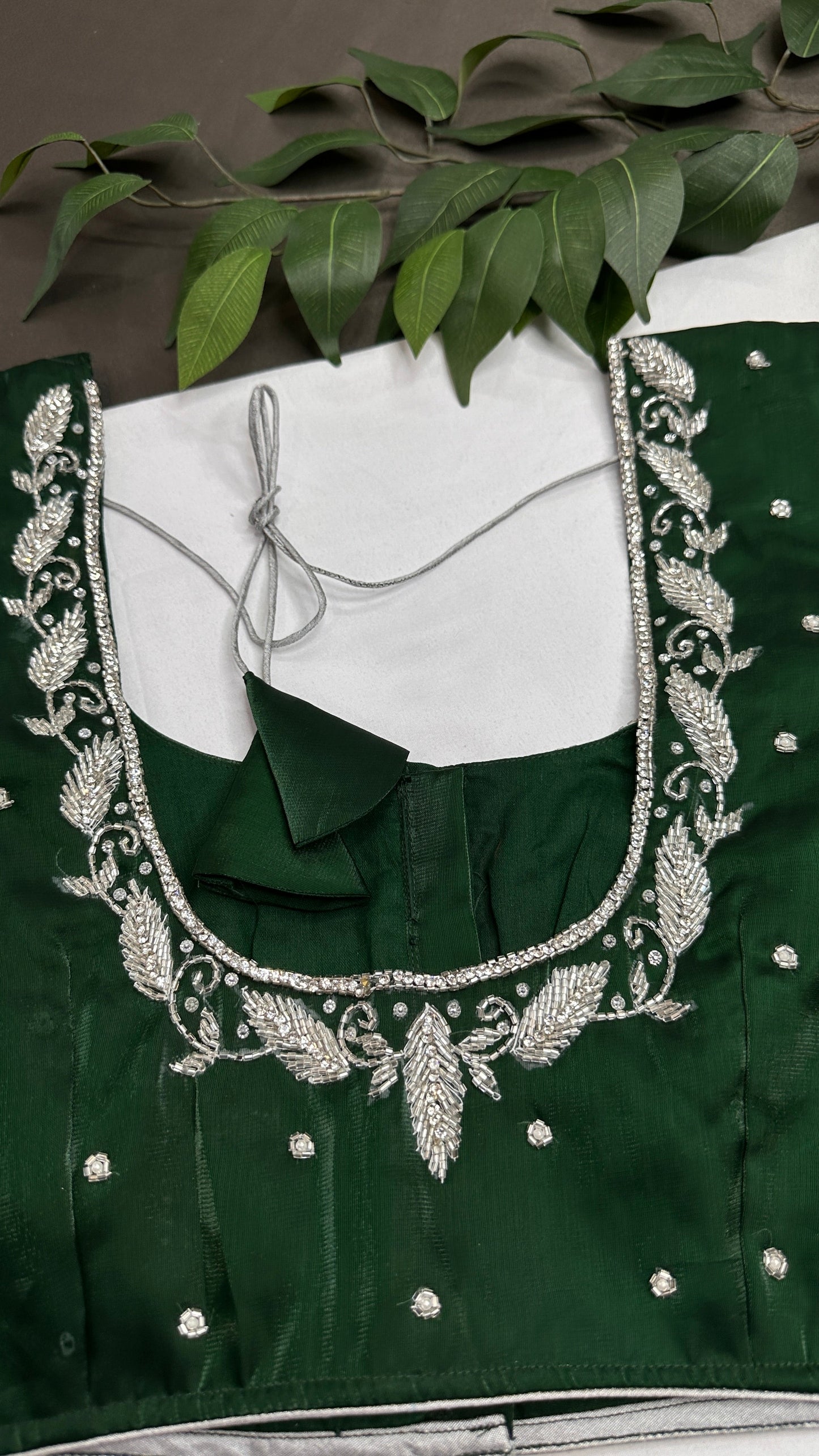 Crepe Green Silver Pearl Work Blouse - 