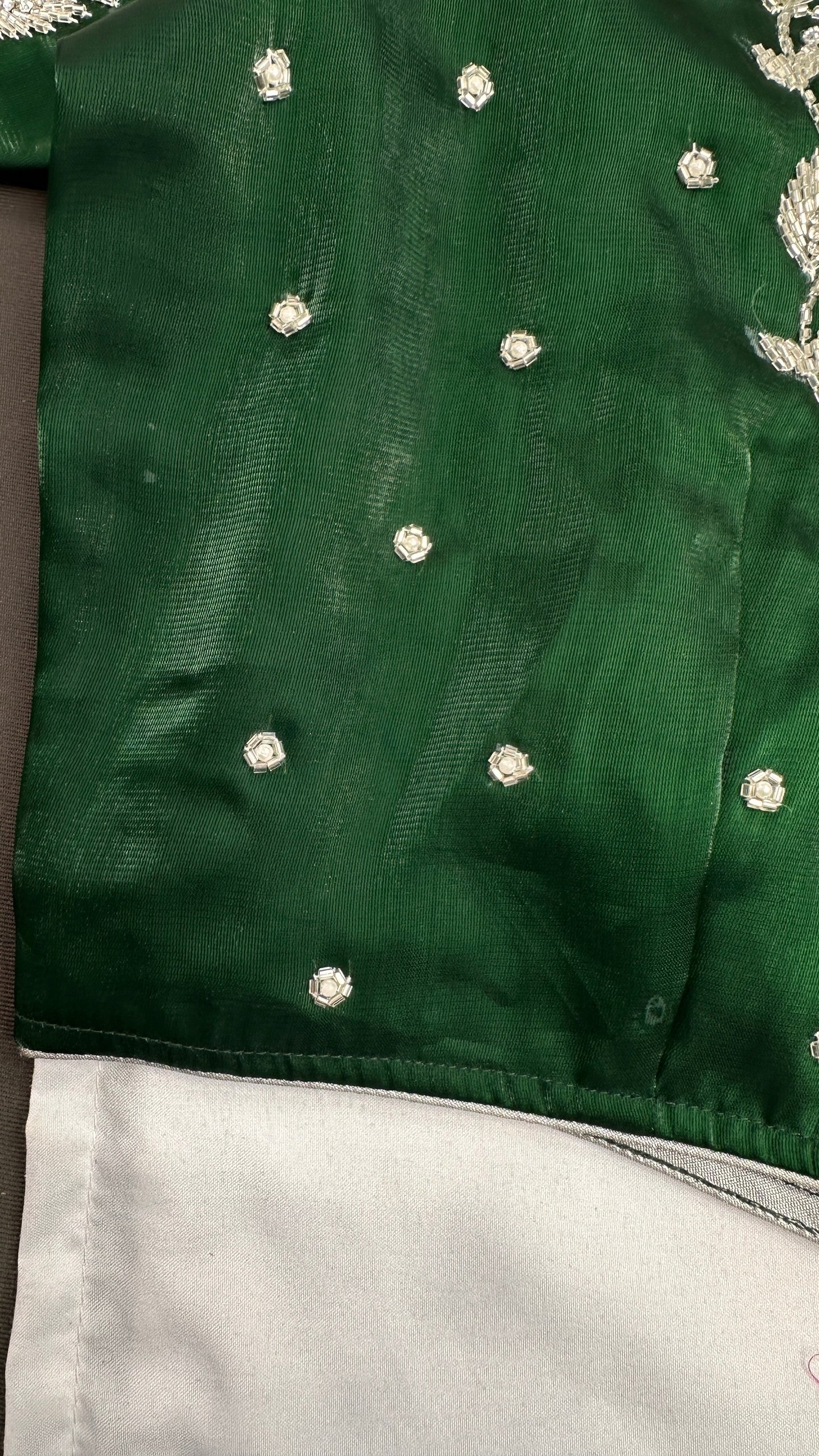 Crepe Green Silver Pearl Work Blouse - 
