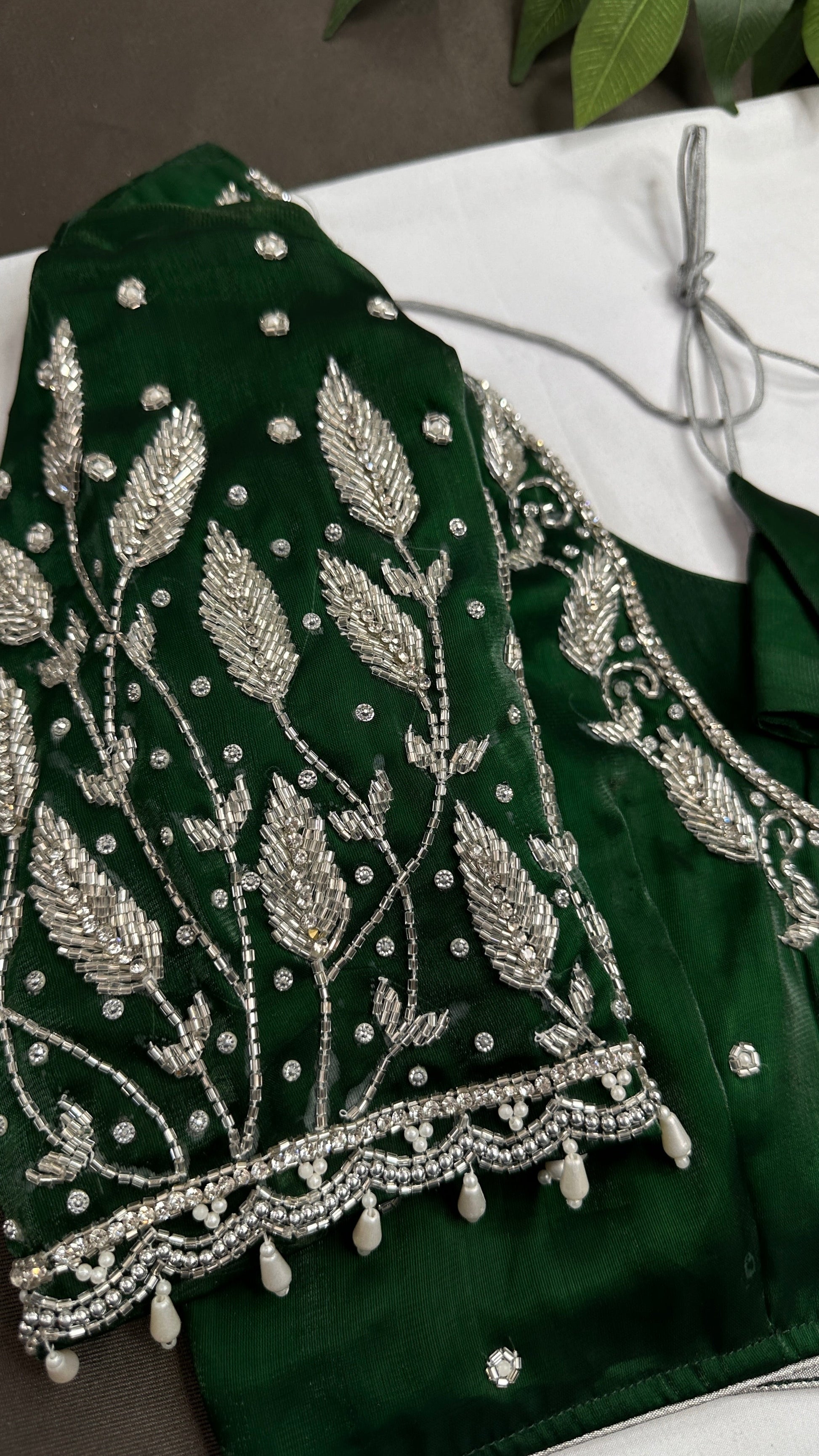 Crepe Green Silver Pearl Work Blouse - 