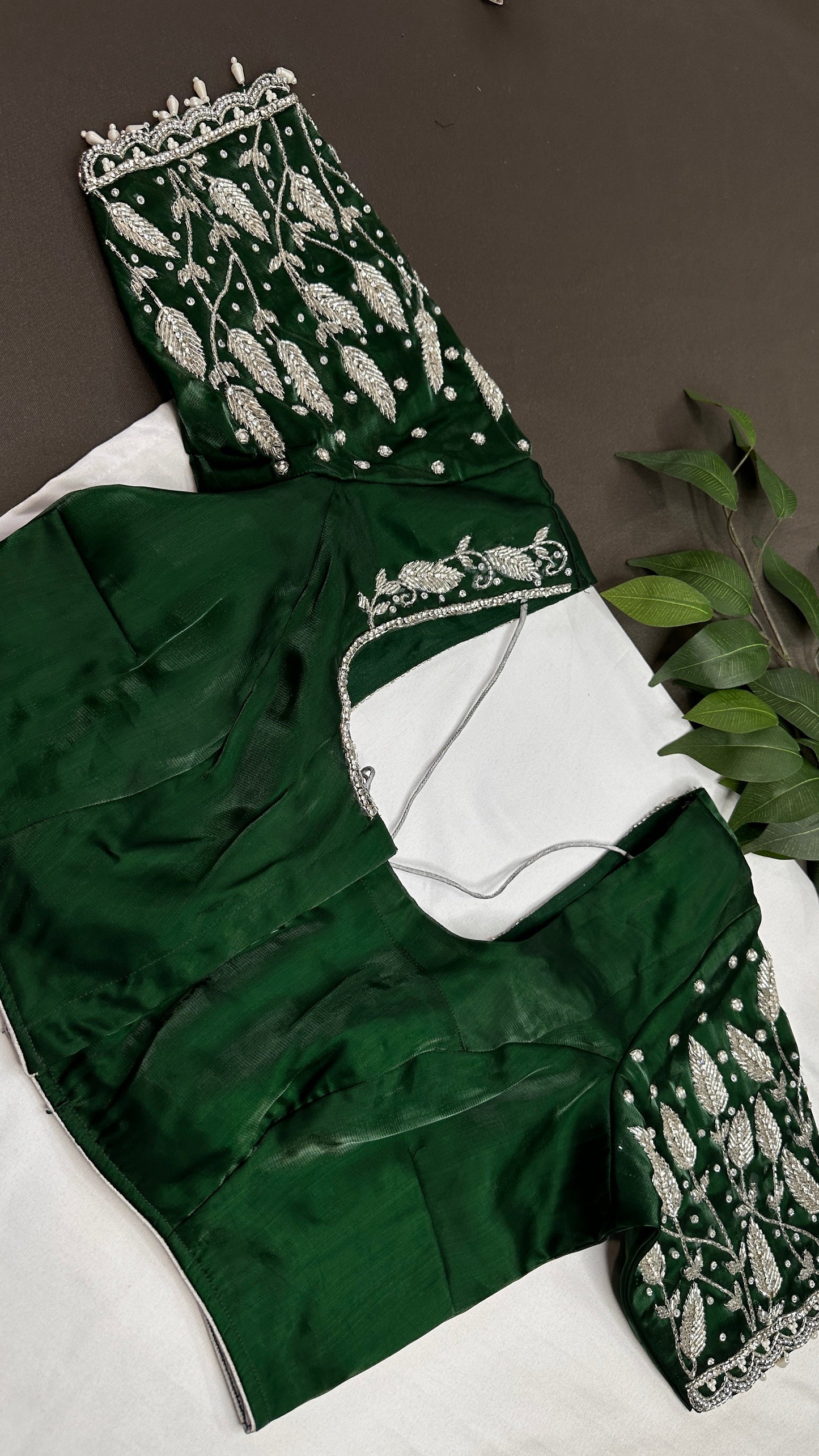 Crepe Green Silver Pearl Work Blouse - 