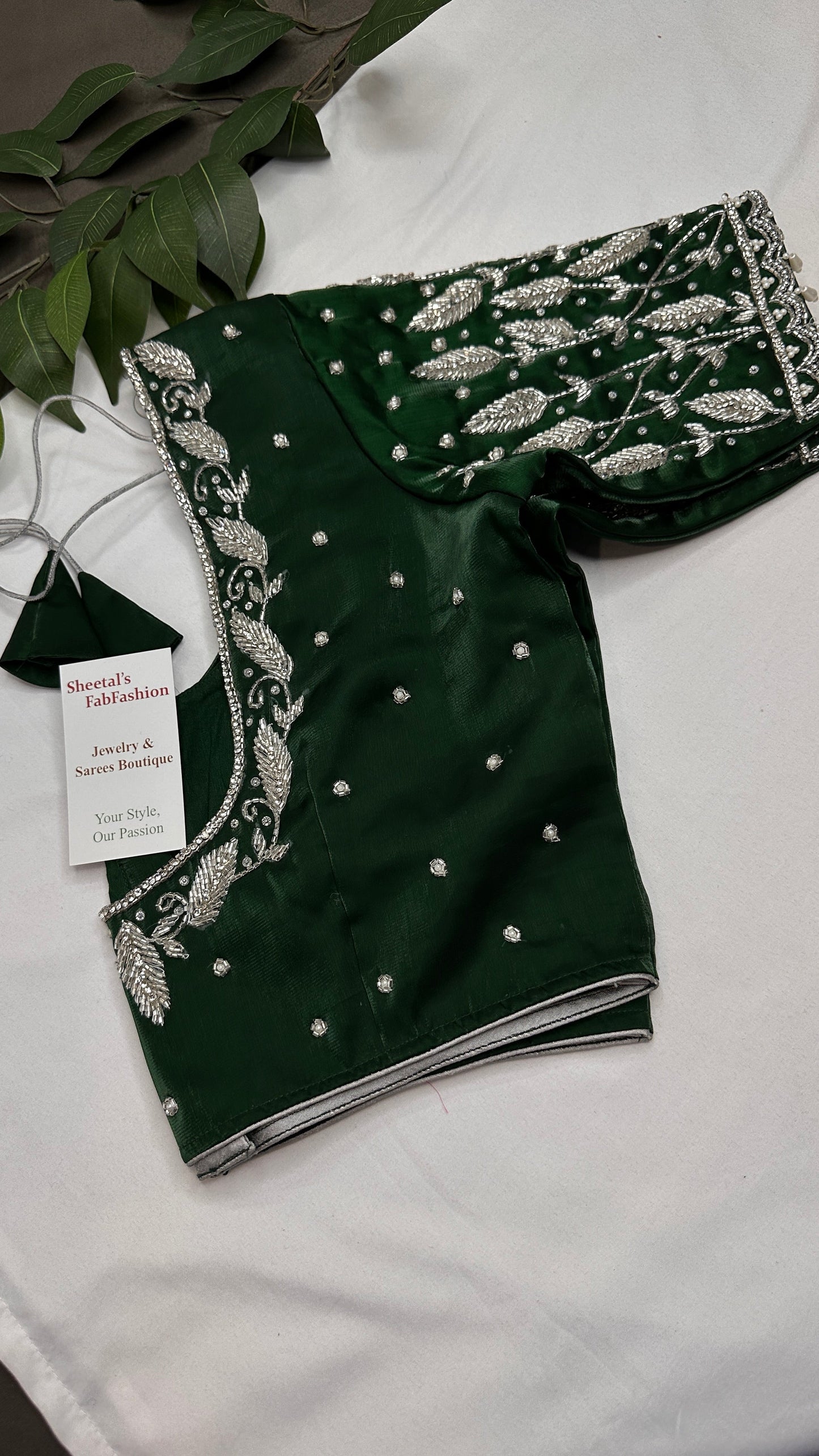 Crepe Green Silver Pearl Work Blouse - 