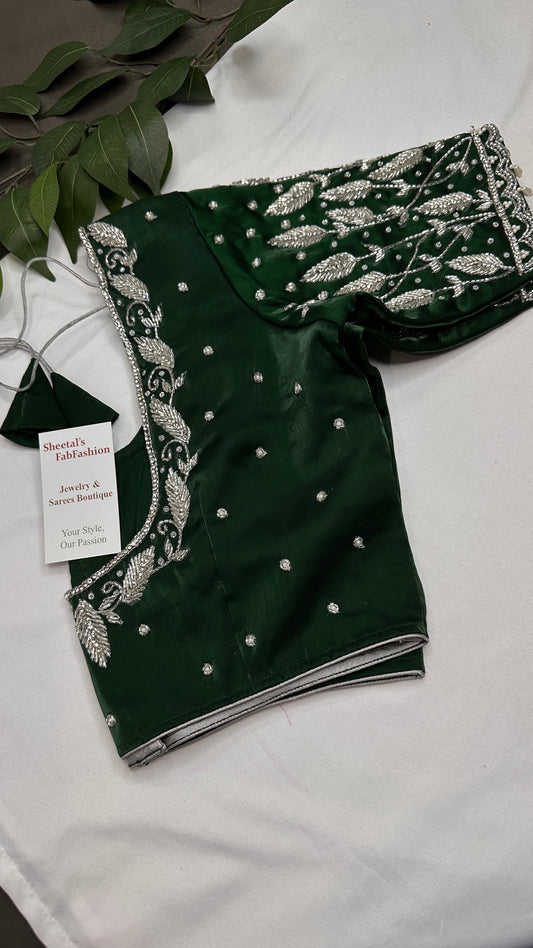 Crepe Green Silver Pearl Work Blouse - 