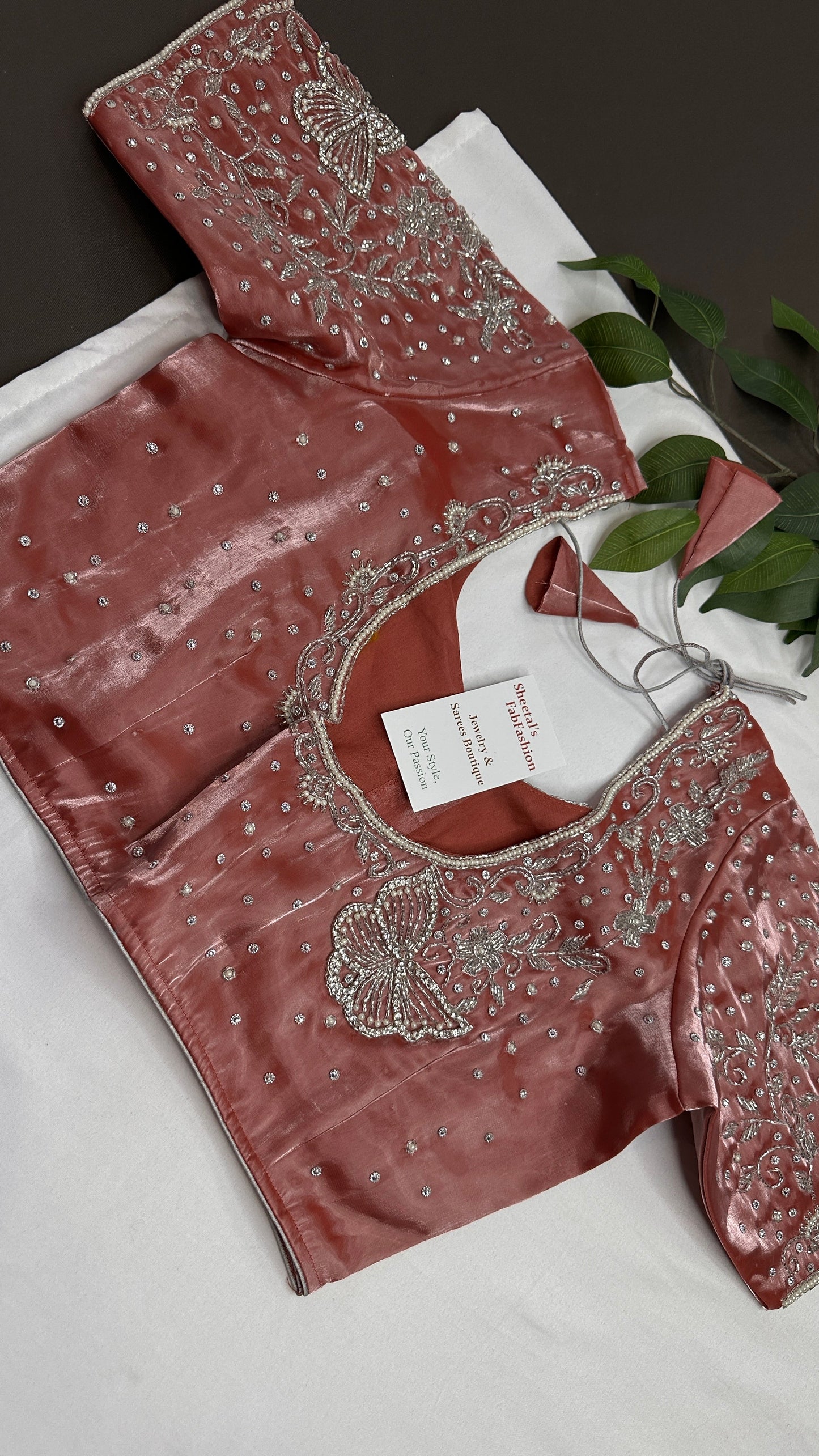 Crepe Pink ButterflySilver Pearl Work Blouse - 