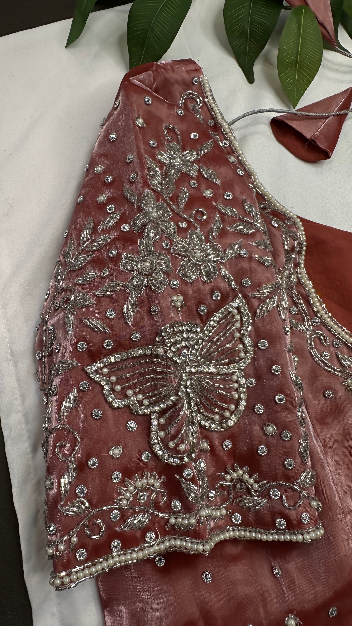 Crepe Pink ButterflySilver Pearl Work Blouse - 