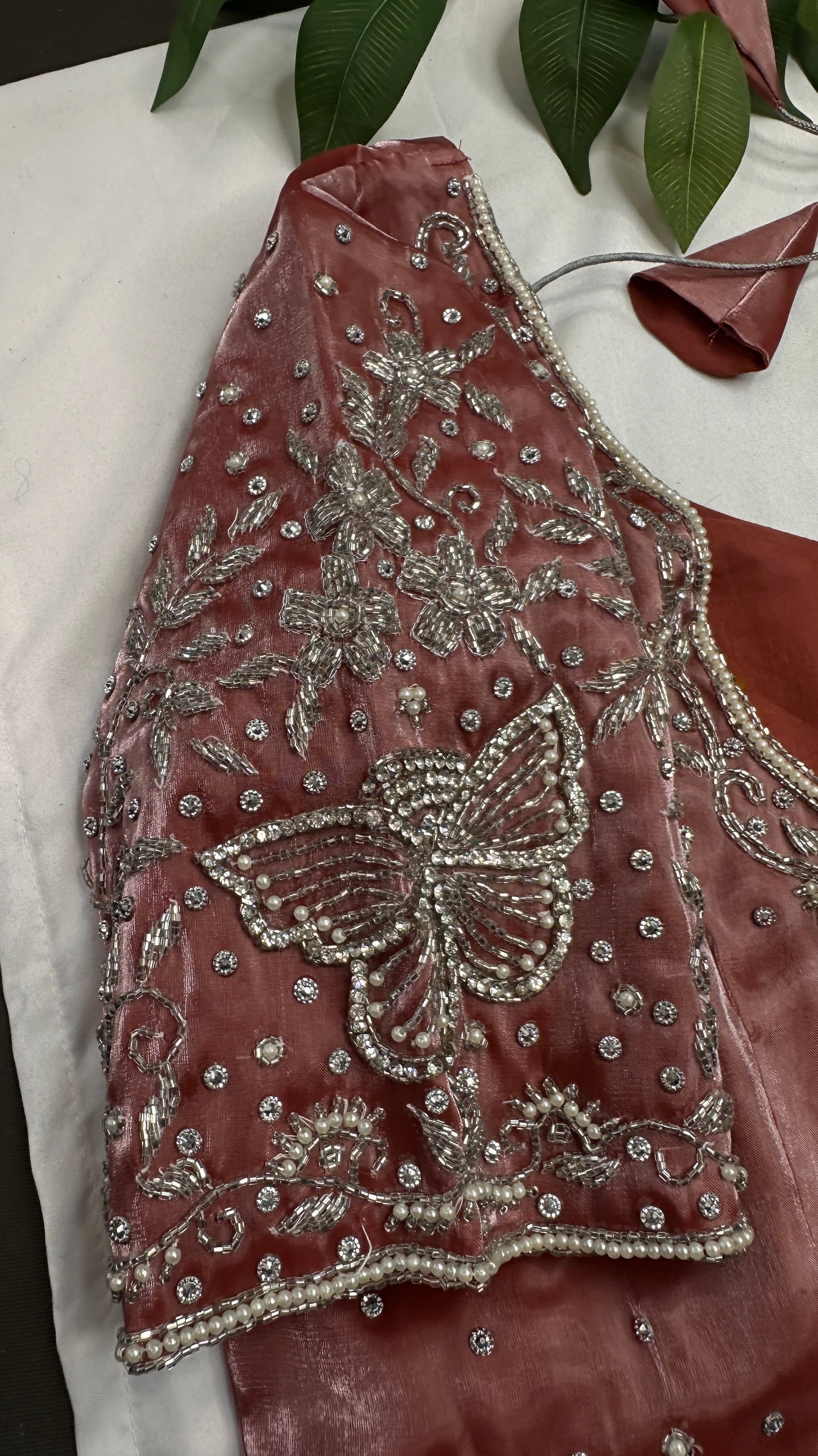 Crepe Pink ButterflySilver Pearl Work Blouse - 