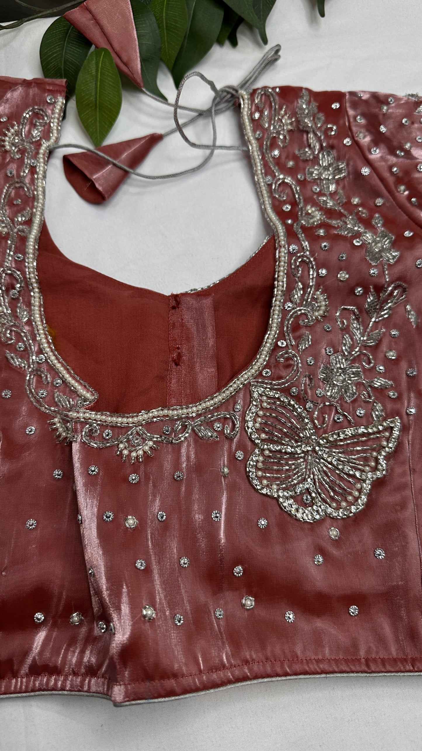 Crepe Pink ButterflySilver Pearl Work Blouse - 