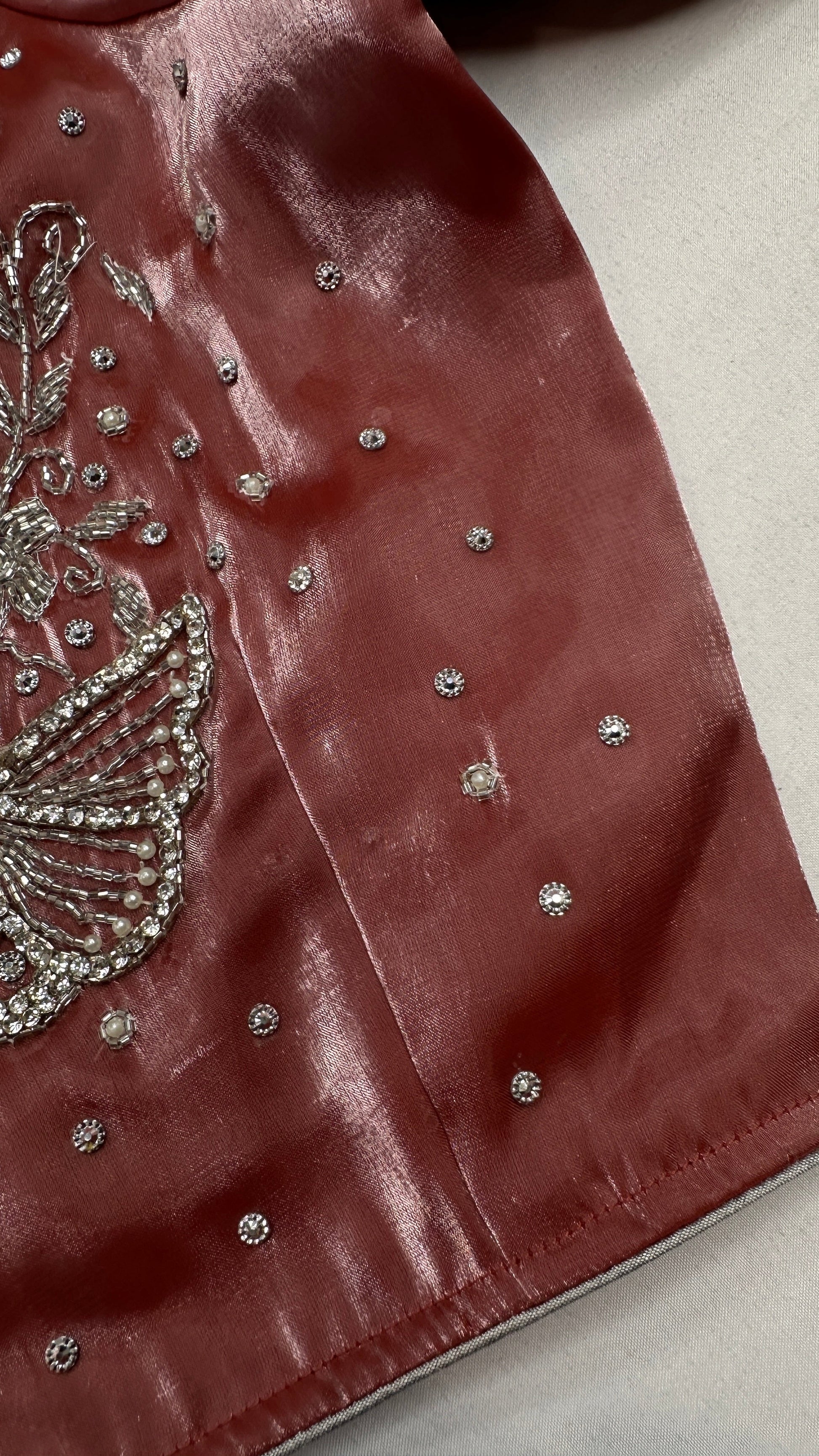 Crepe Pink ButterflySilver Pearl Work Blouse - 
