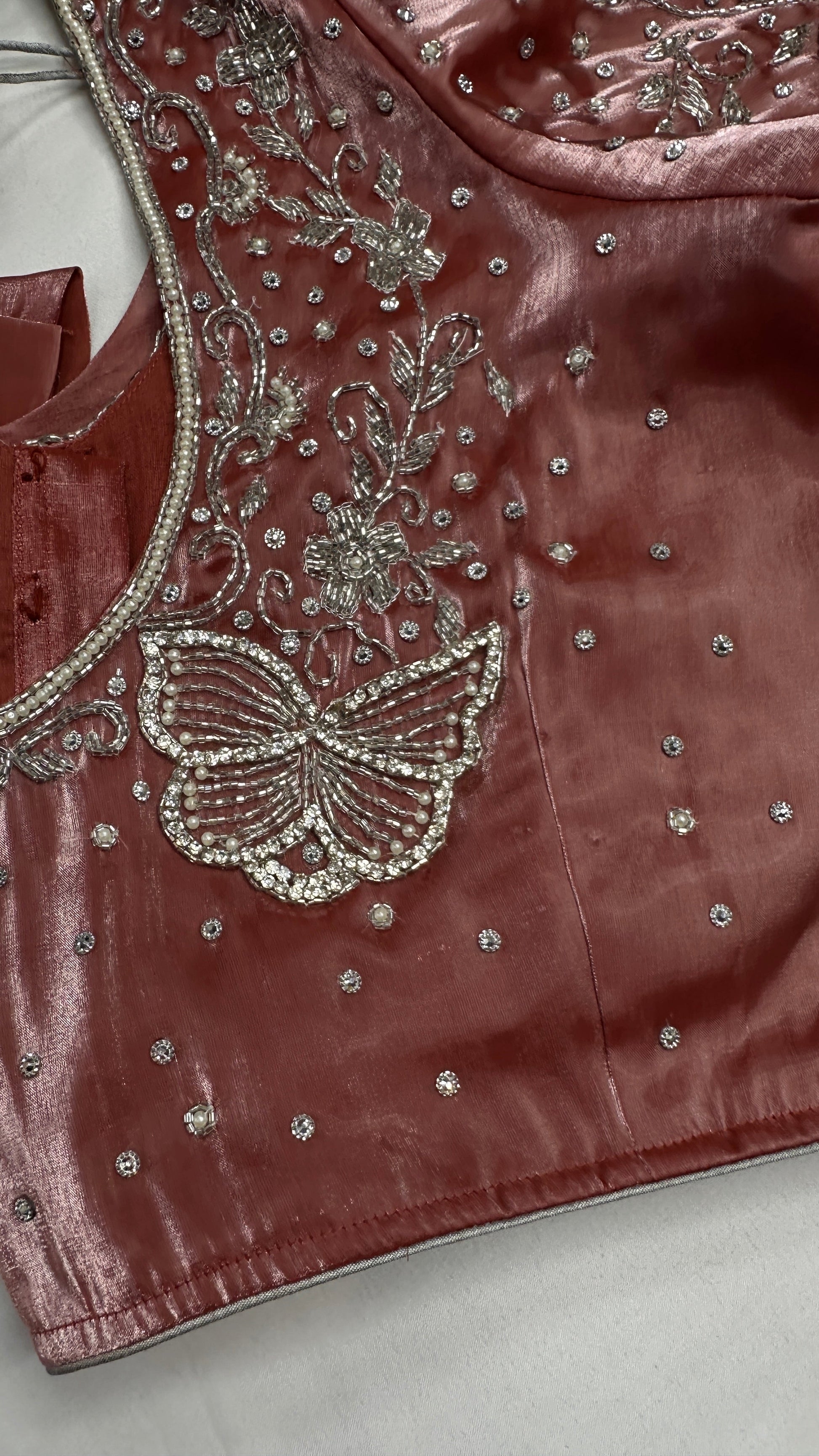 Crepe Pink ButterflySilver Pearl Work Blouse - 