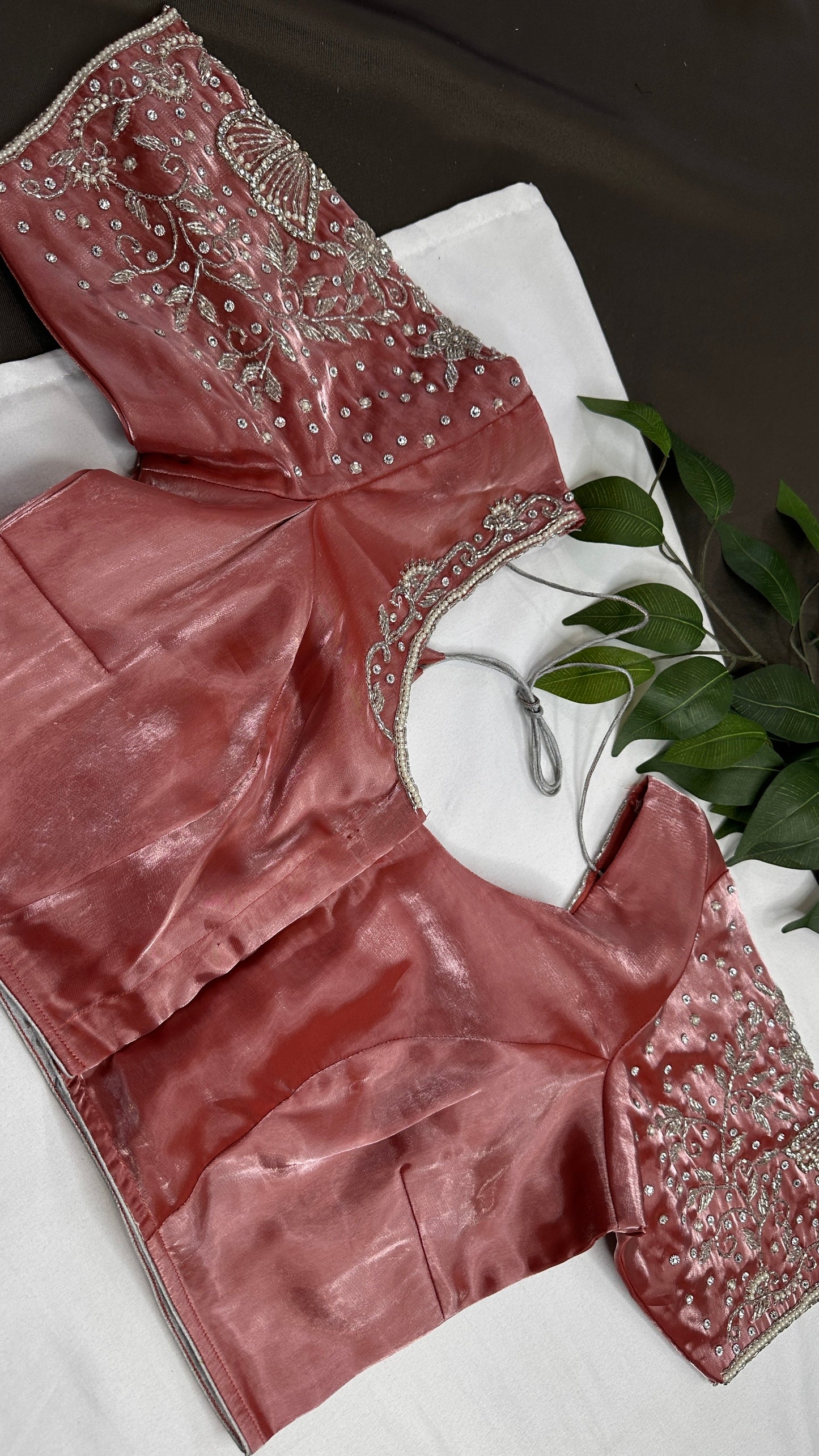 Crepe Pink ButterflySilver Pearl Work Blouse - 