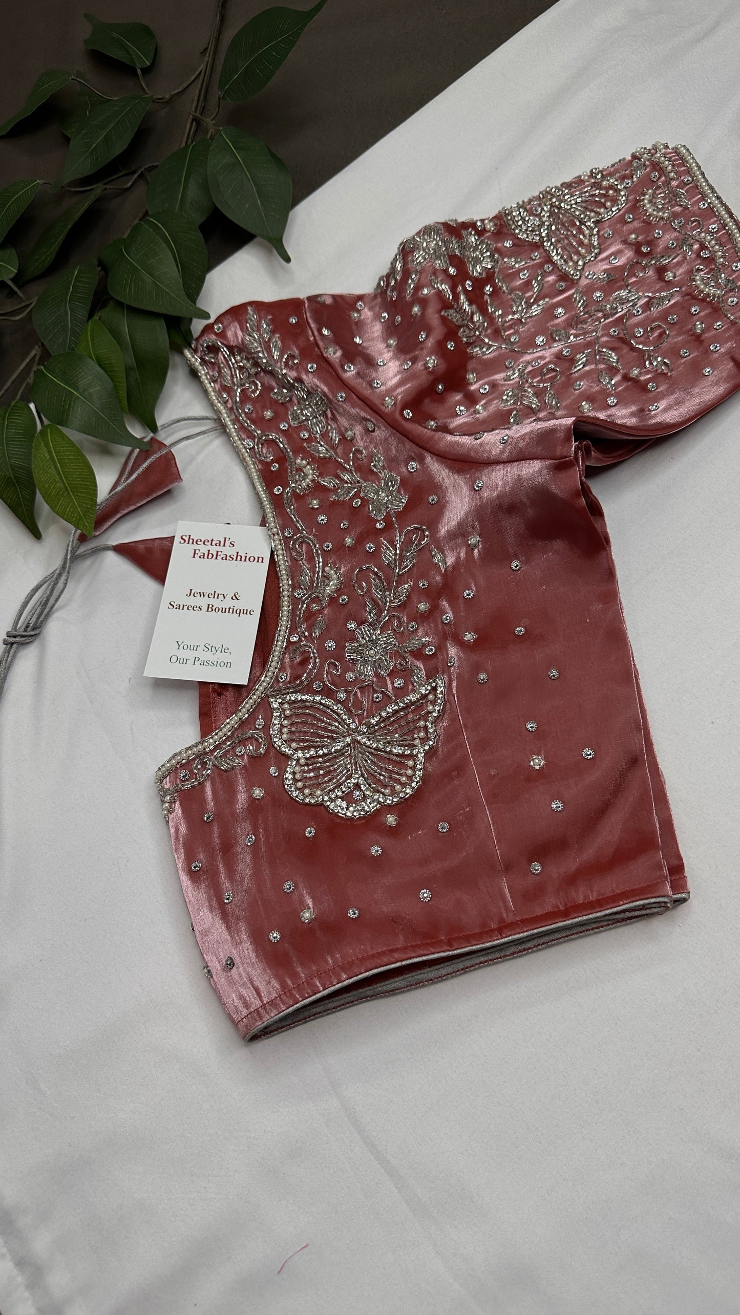 Crepe Pink ButterflySilver Pearl Work Blouse - 