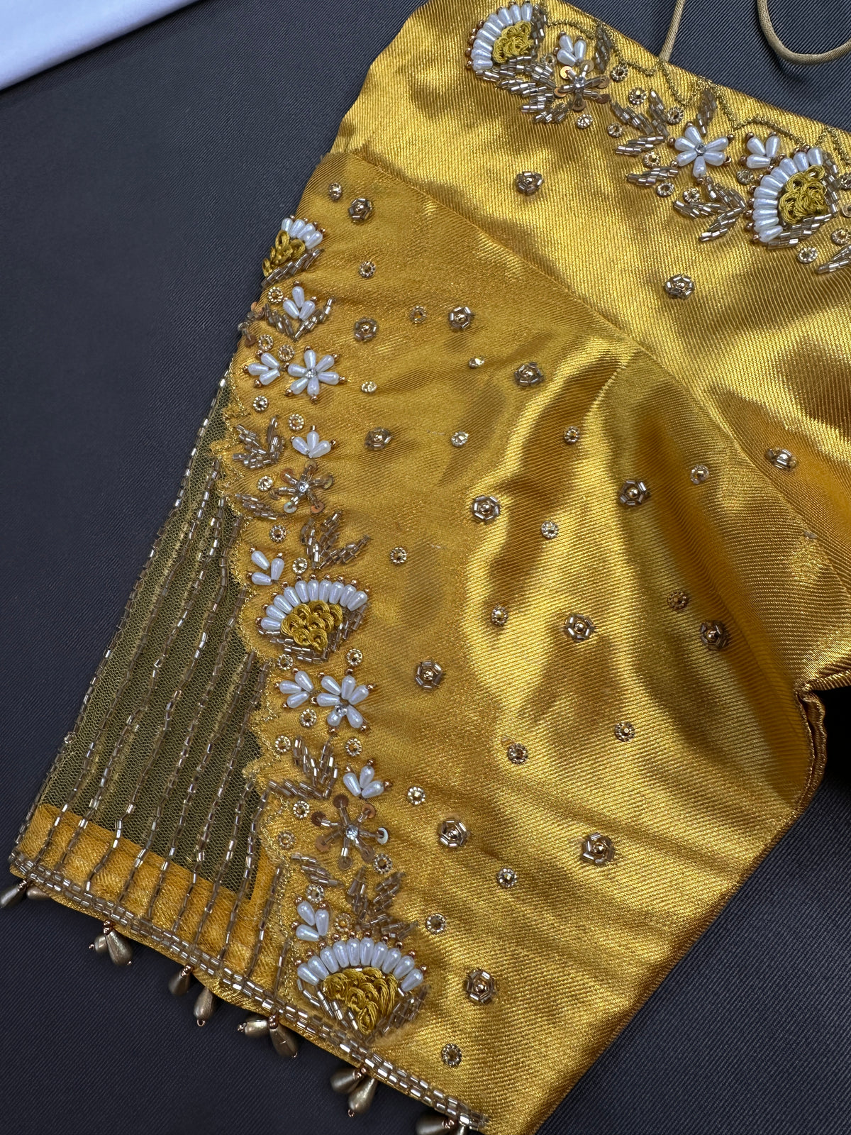 Gold Net Tissue Silk Maggam Aari Blouse - 