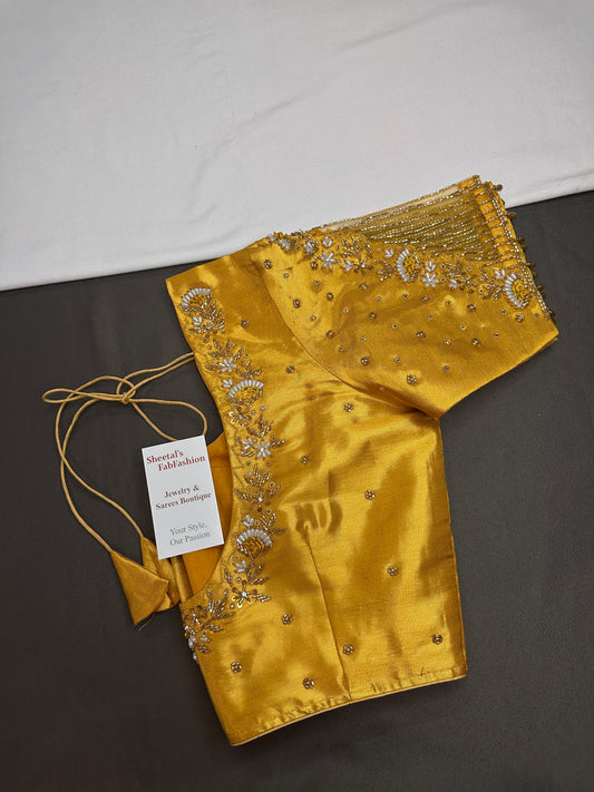 Gold Net Tissue Silk Maggam Aari Blouse - 