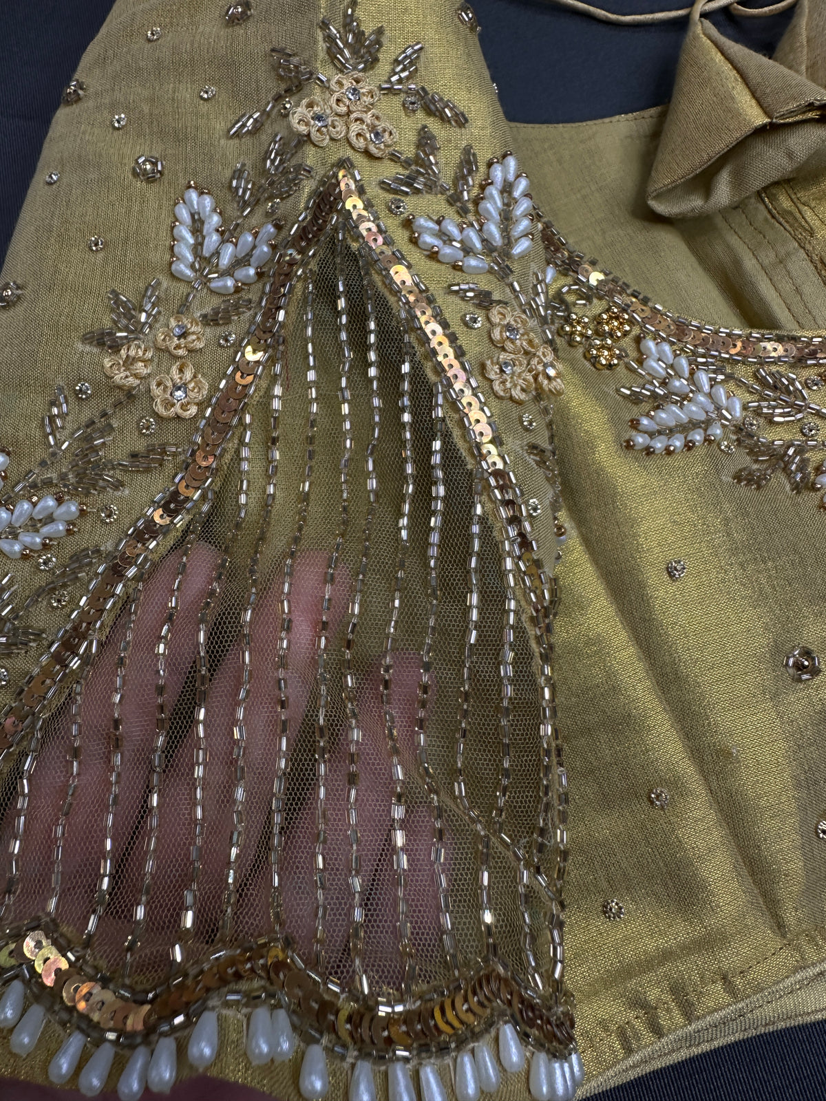 Gold Net Tissue Silk Maggam Aari Blouse - 