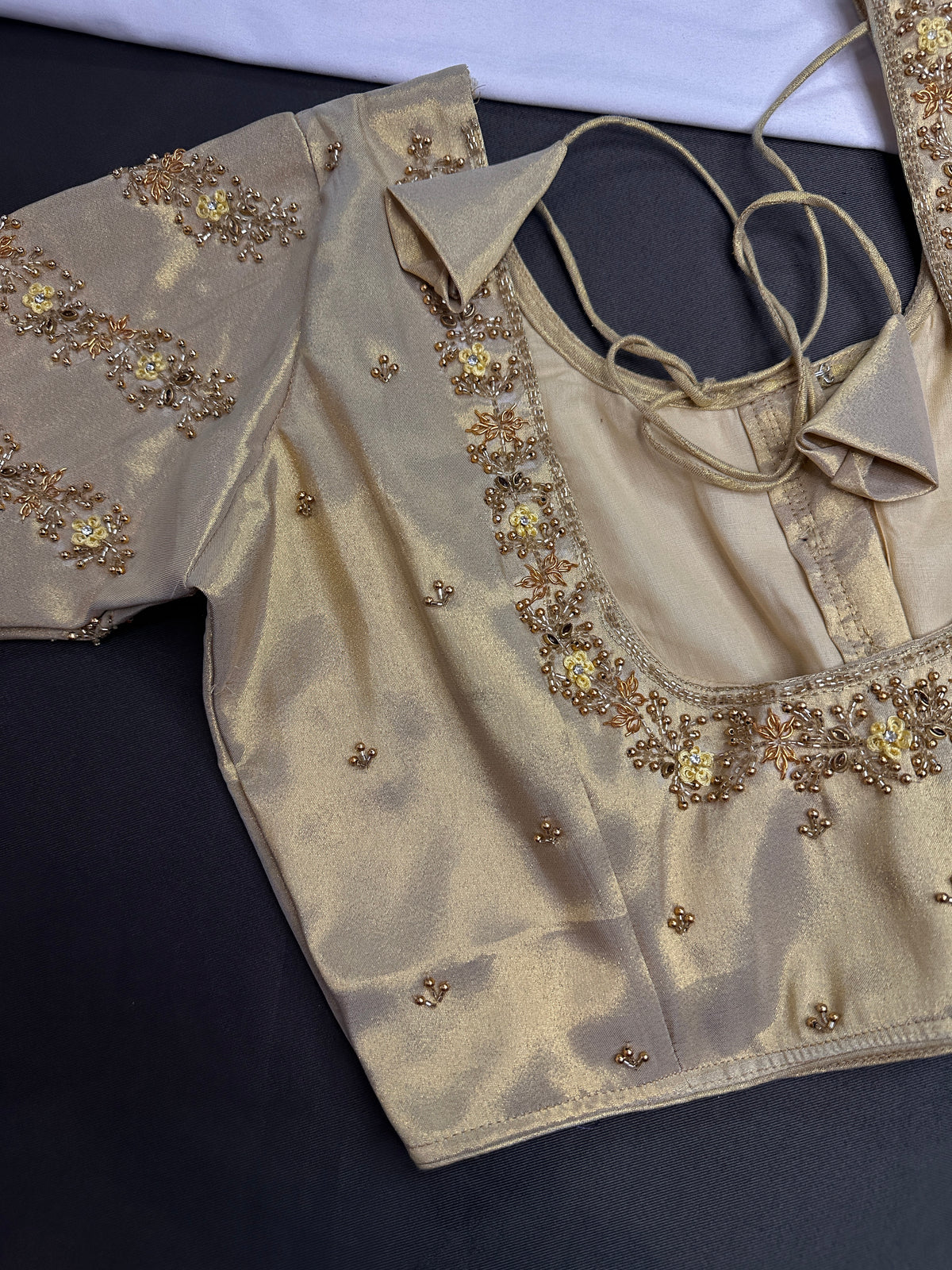 Gold  Silk Maggam Aari Pearl Work Blouse - 