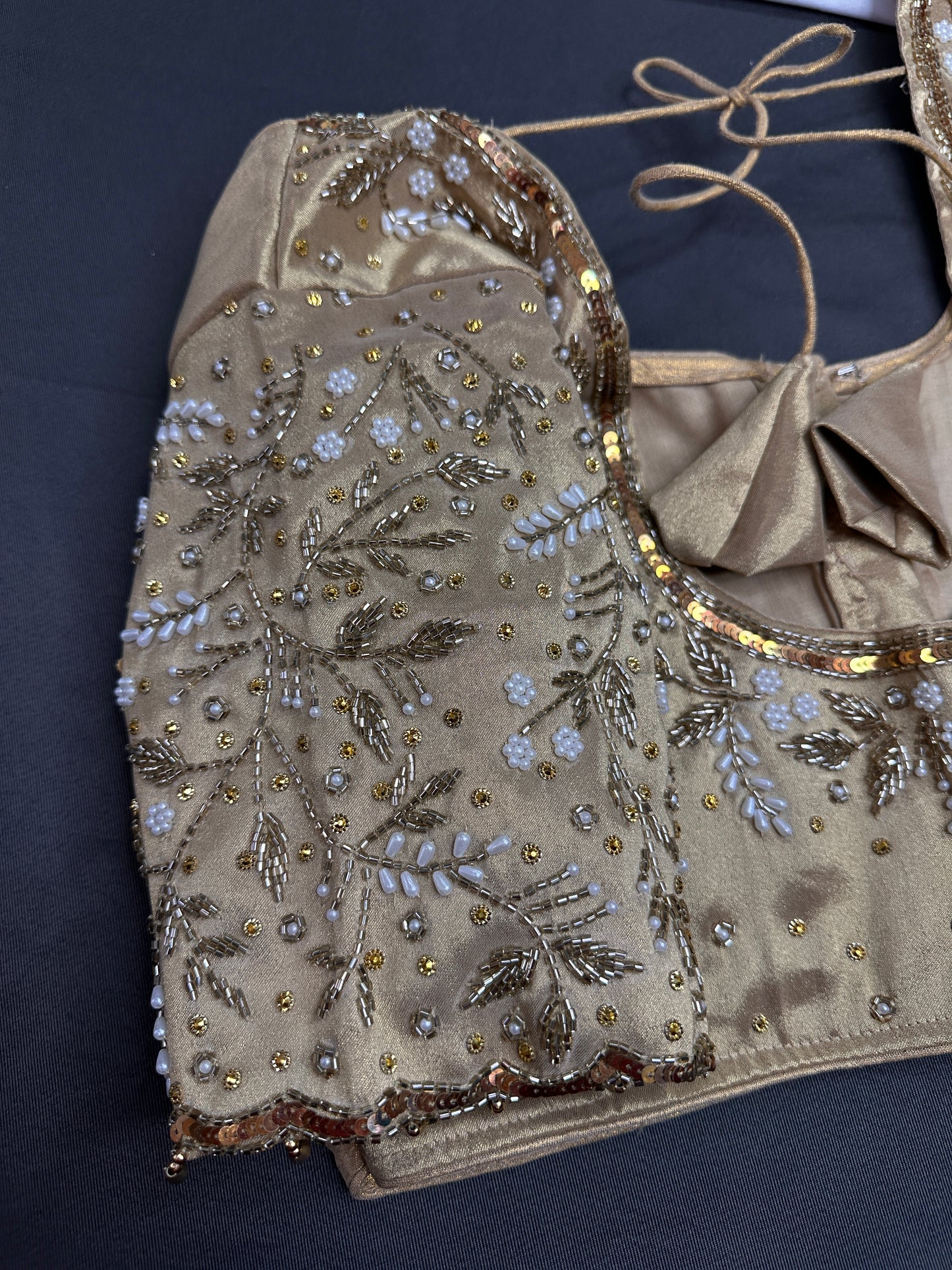 Gold  Silk Maggam Aari Pearl Work Blouse - 