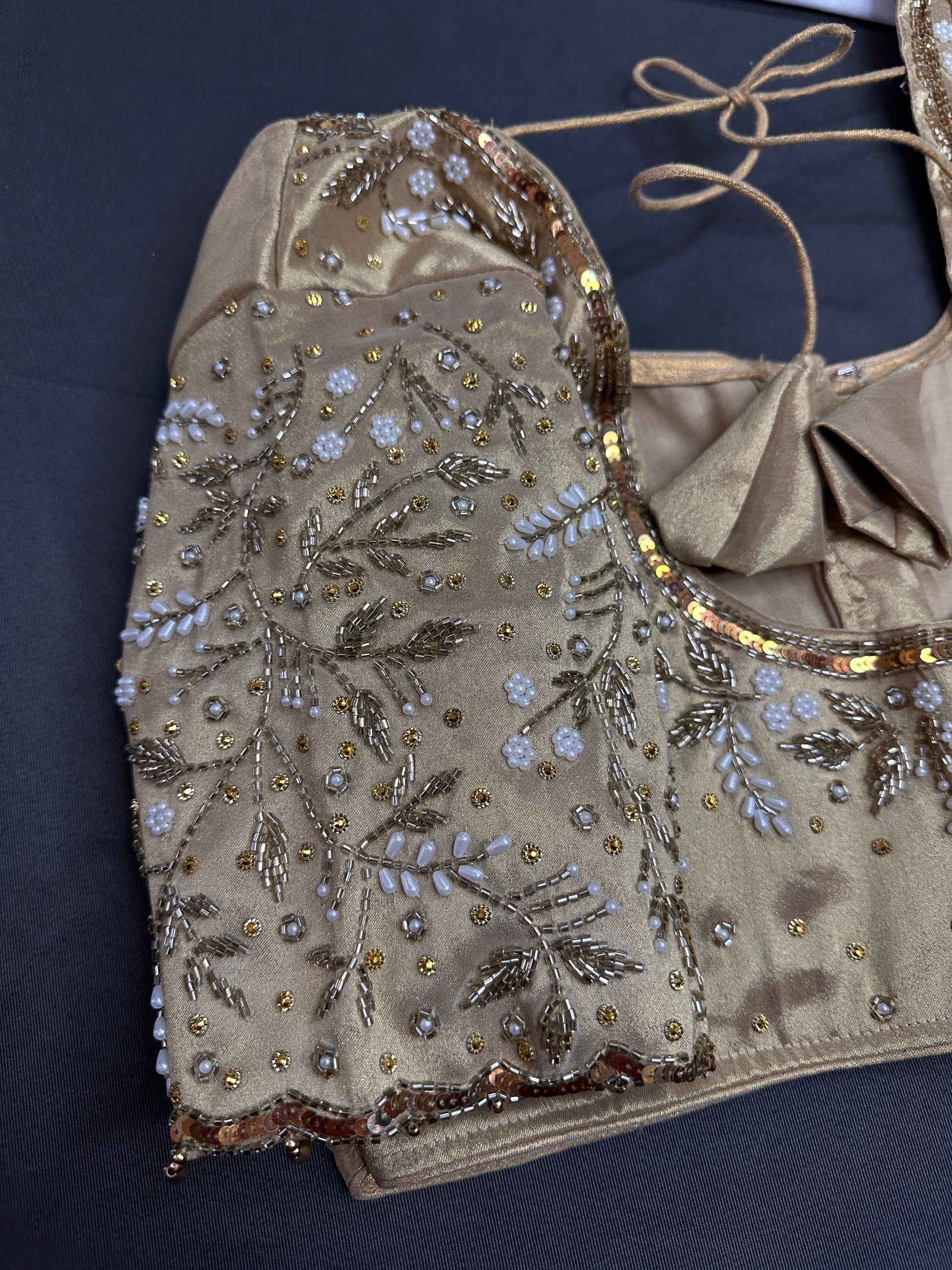 Gold  Silk Maggam Aari Pearl Work Blouse - 
