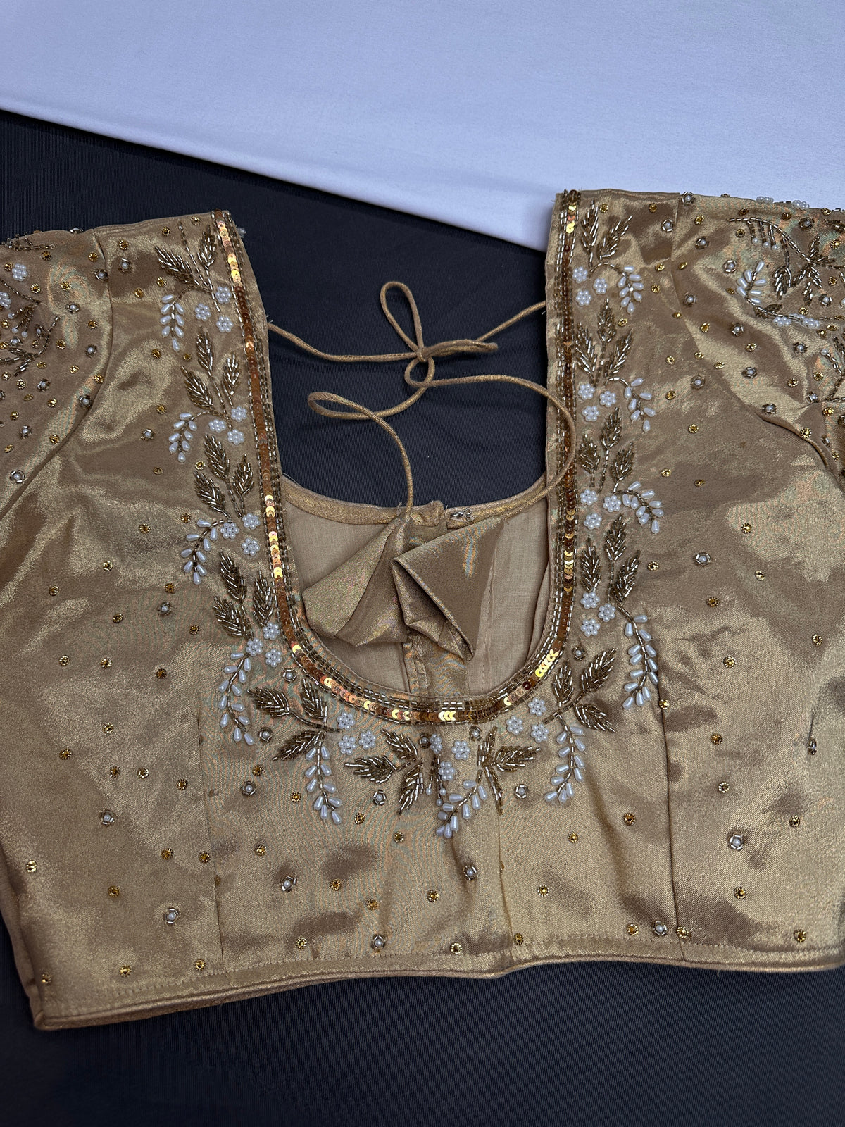 Gold  Silk Maggam Aari Pearl Work Blouse - 