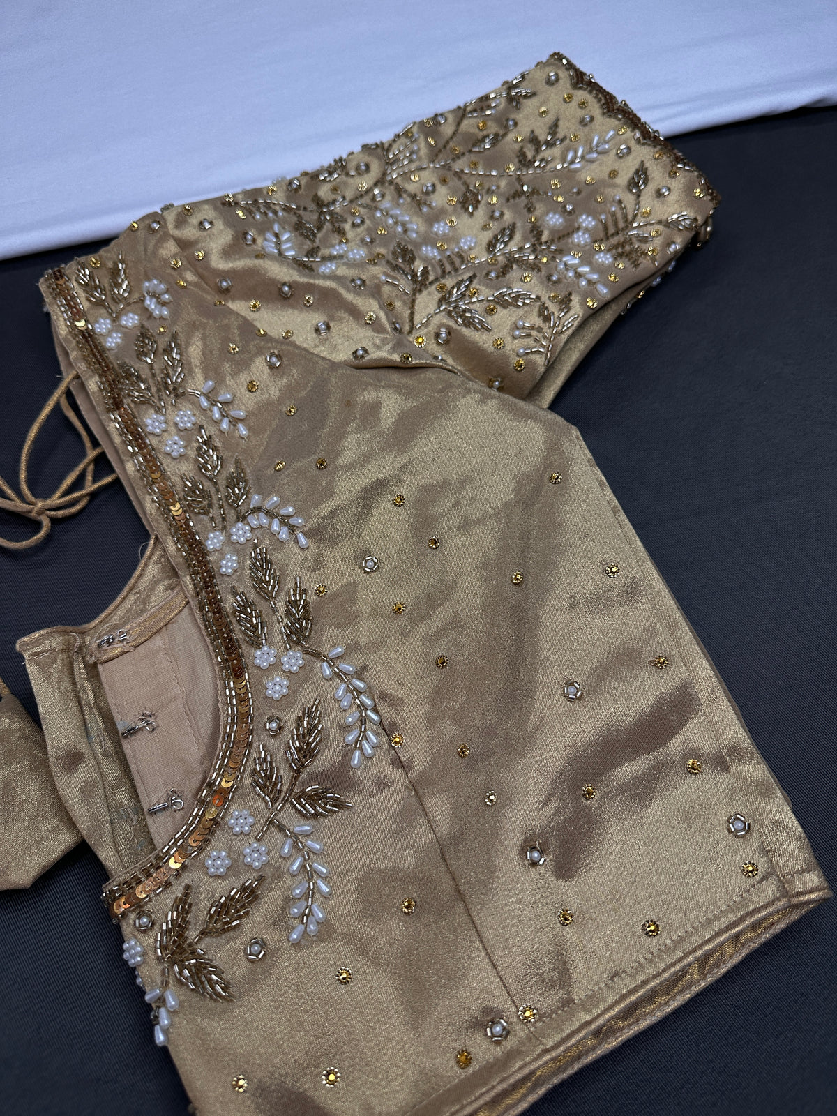 Gold  Silk Maggam Aari Pearl Work Blouse - 