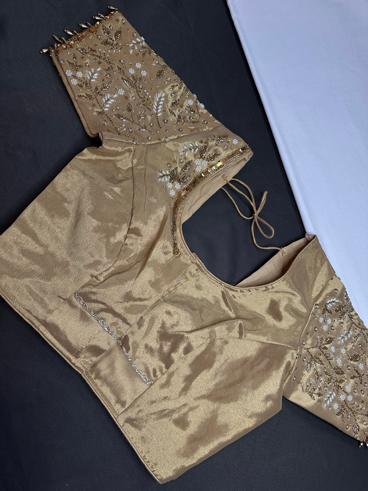 Gold  Silk Maggam Aari Pearl Work Blouse - 