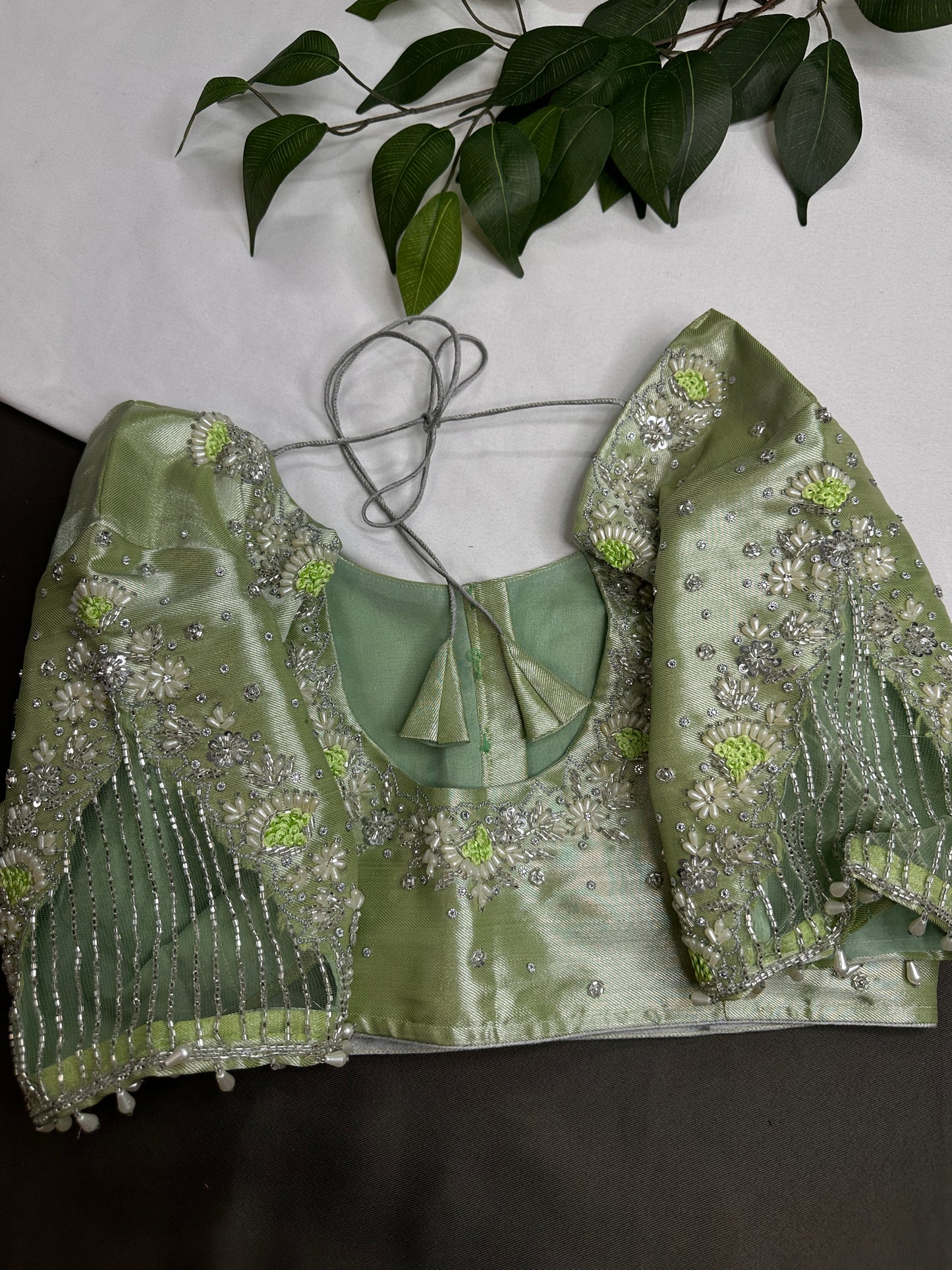 Pastel Green  Tissue Silk Maggam Aari Net Blouse - 