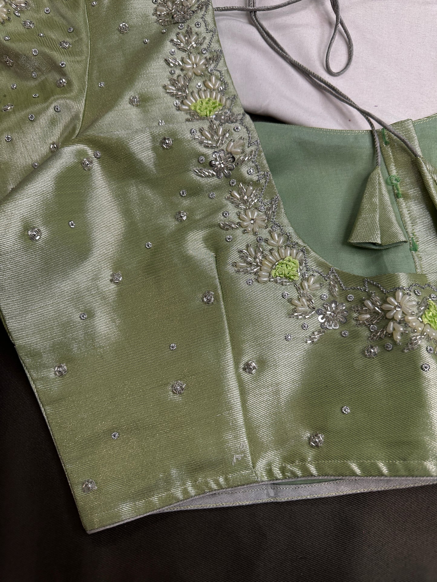 Pastel Green  Tissue Silk Maggam Aari Net Blouse - 