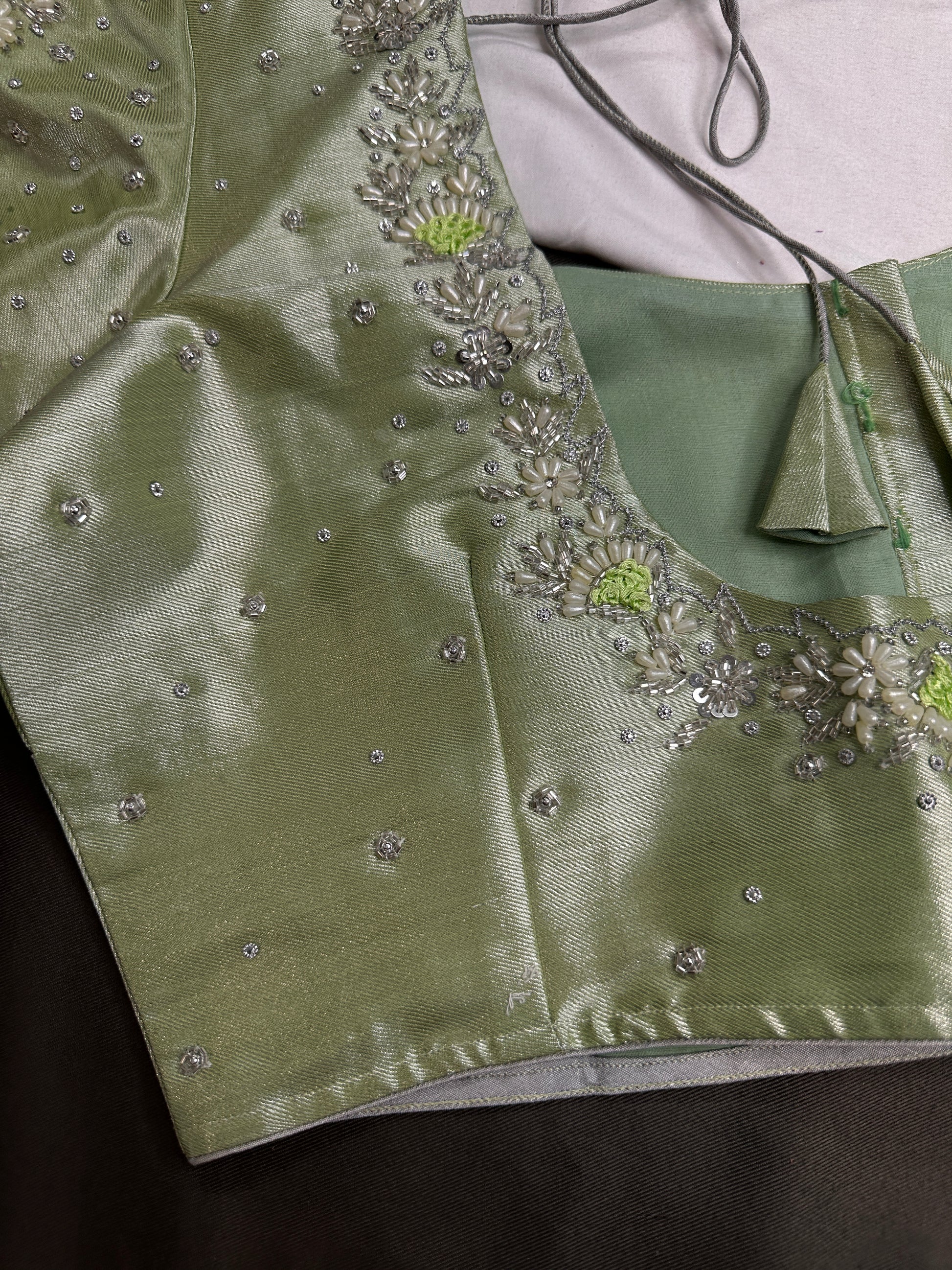 Pastel Green  Tissue Silk Maggam Aari Net Blouse - 