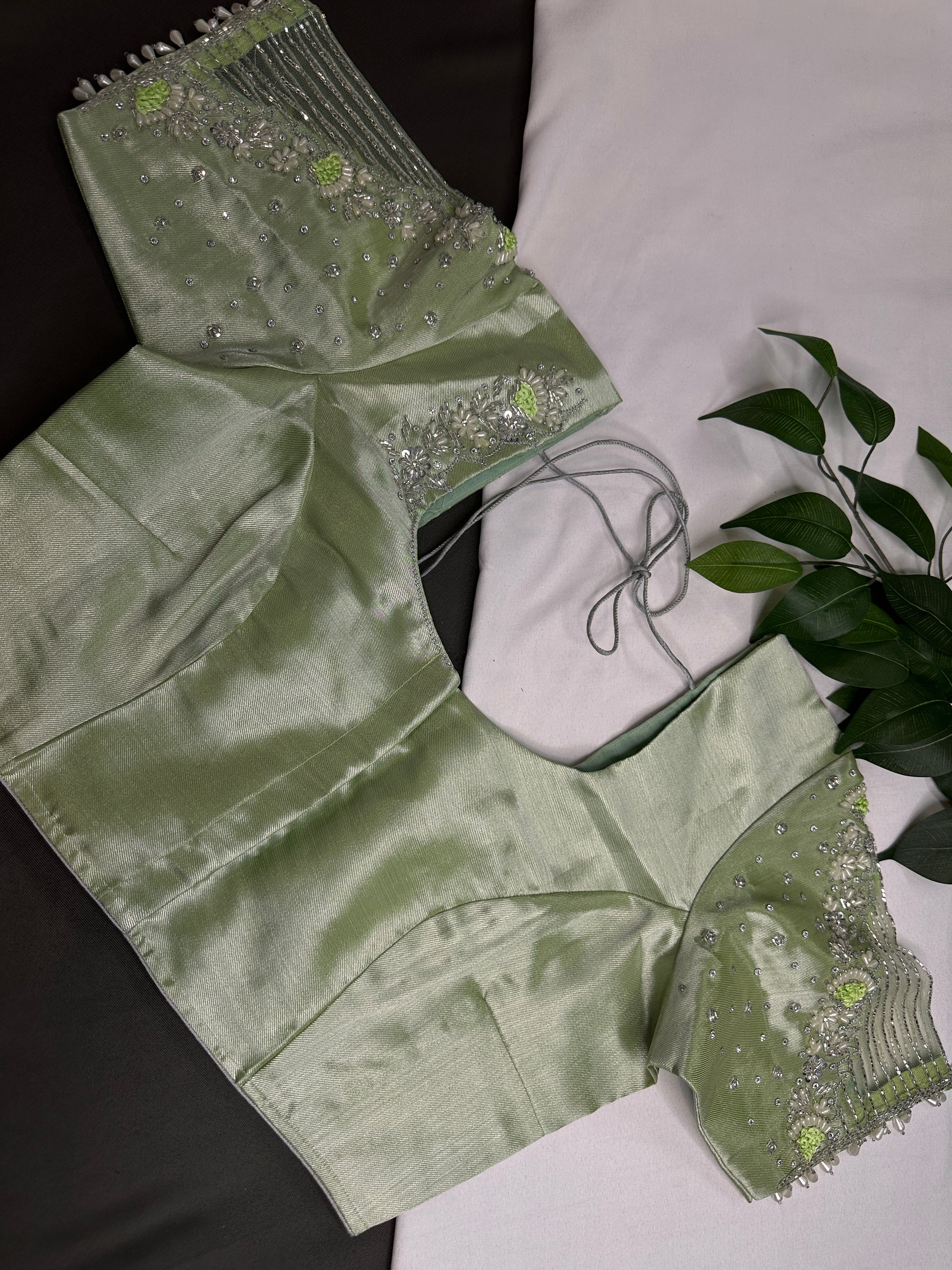 Pastel Green  Tissue Silk Maggam Aari Net Blouse - 