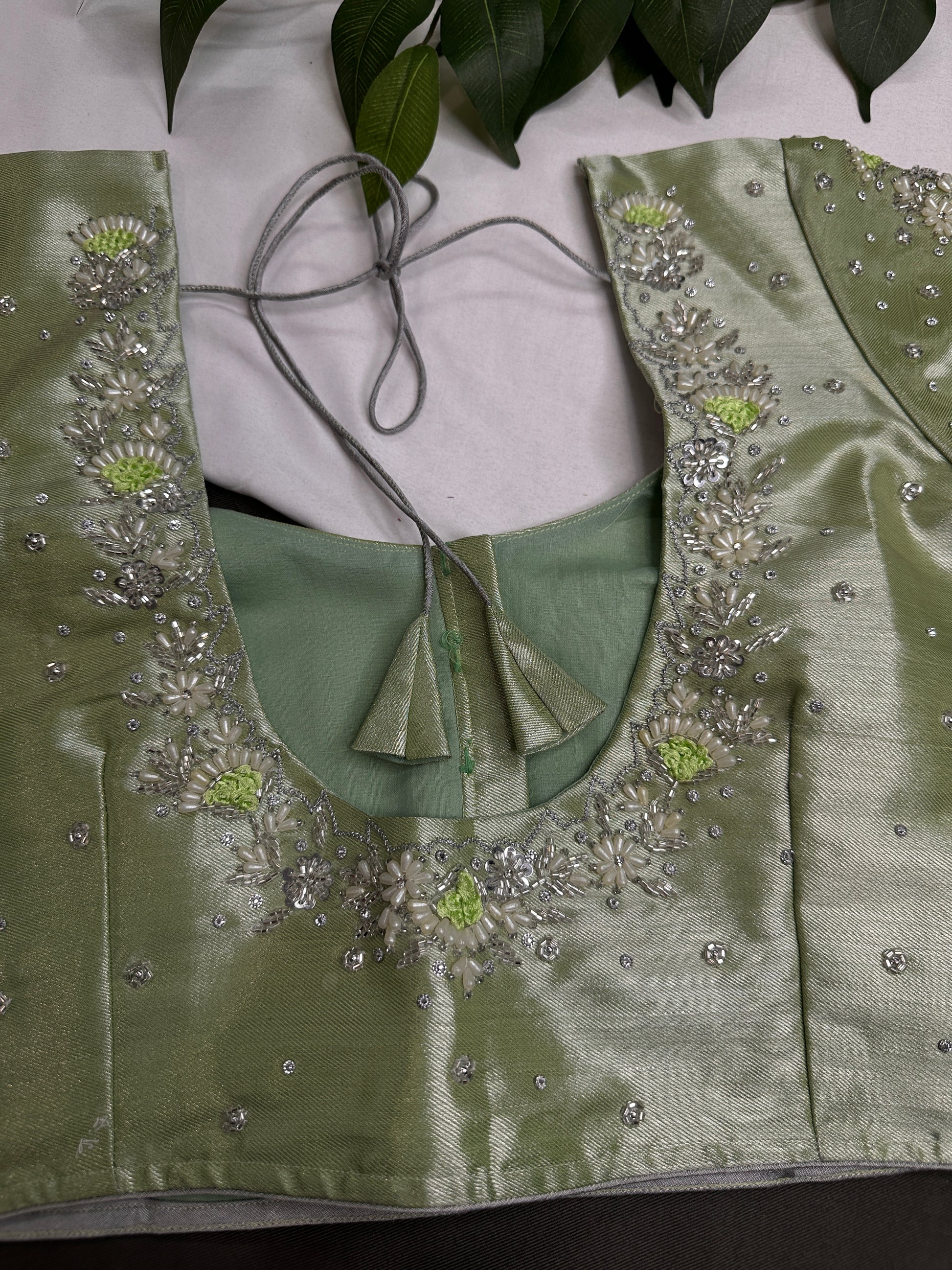 Pastel Green  Tissue Silk Maggam Aari Net Blouse - 