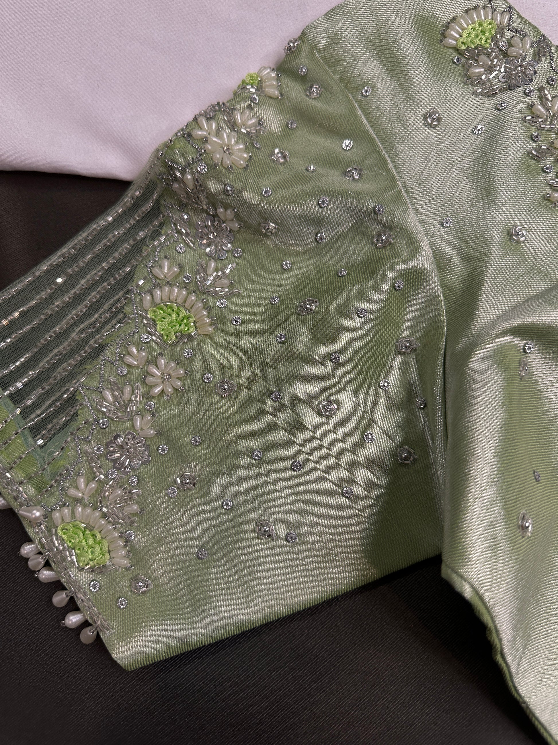 Pastel Green  Tissue Silk Maggam Aari Net Blouse - 