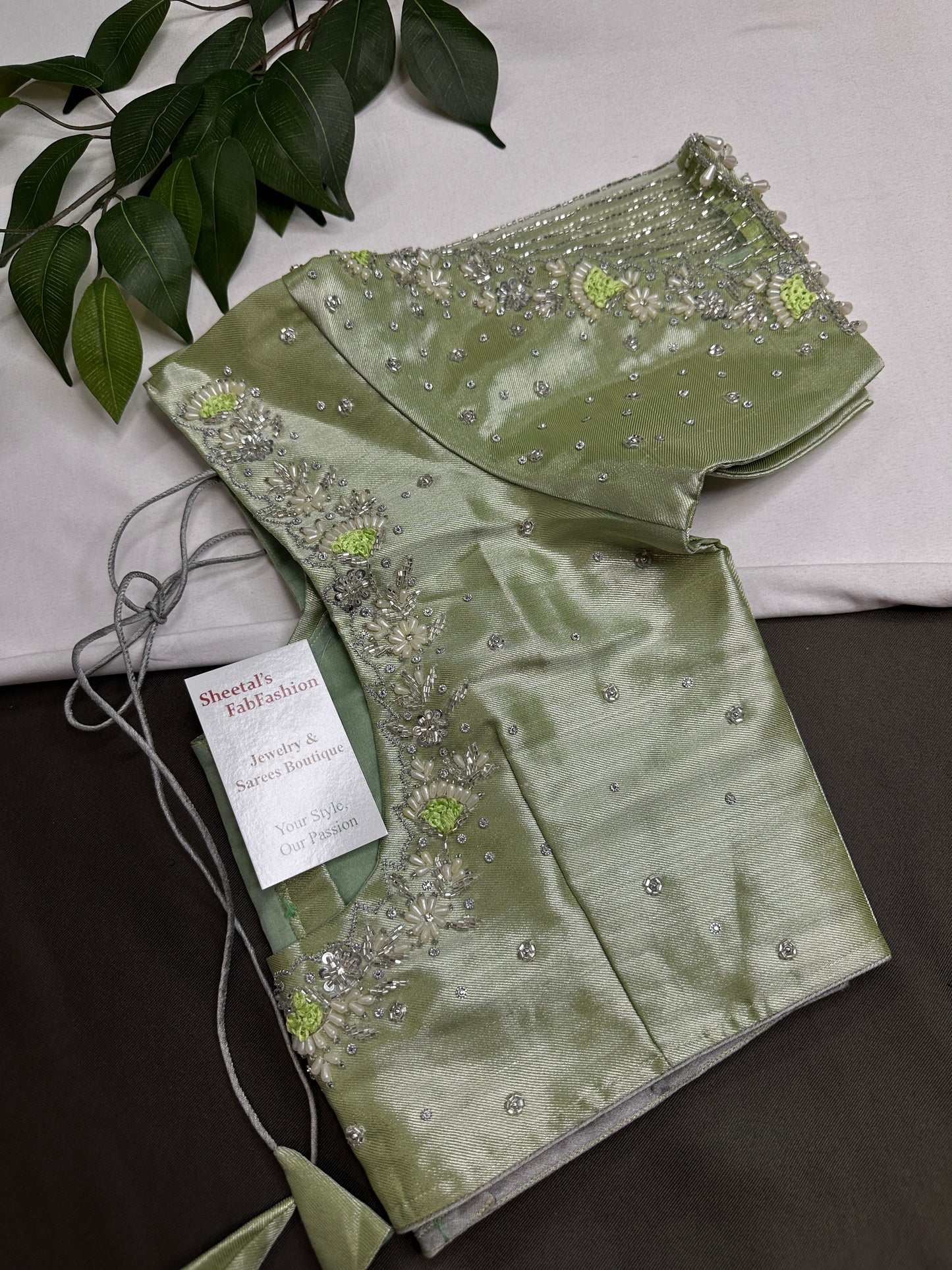 Pastel Green  Tissue Silk Maggam Aari Net Blouse - 