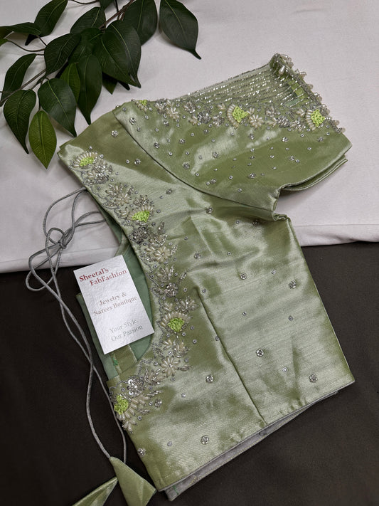 Pastel Green  Tissue Silk Maggam Aari Net Blouse - 