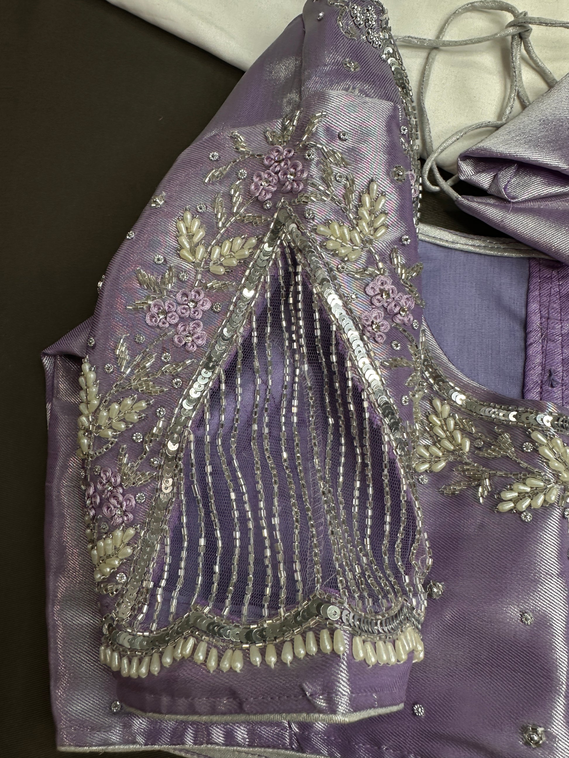 Pastel Purple Lavender Tissue Silk Maggam Aari Net Blouse - 