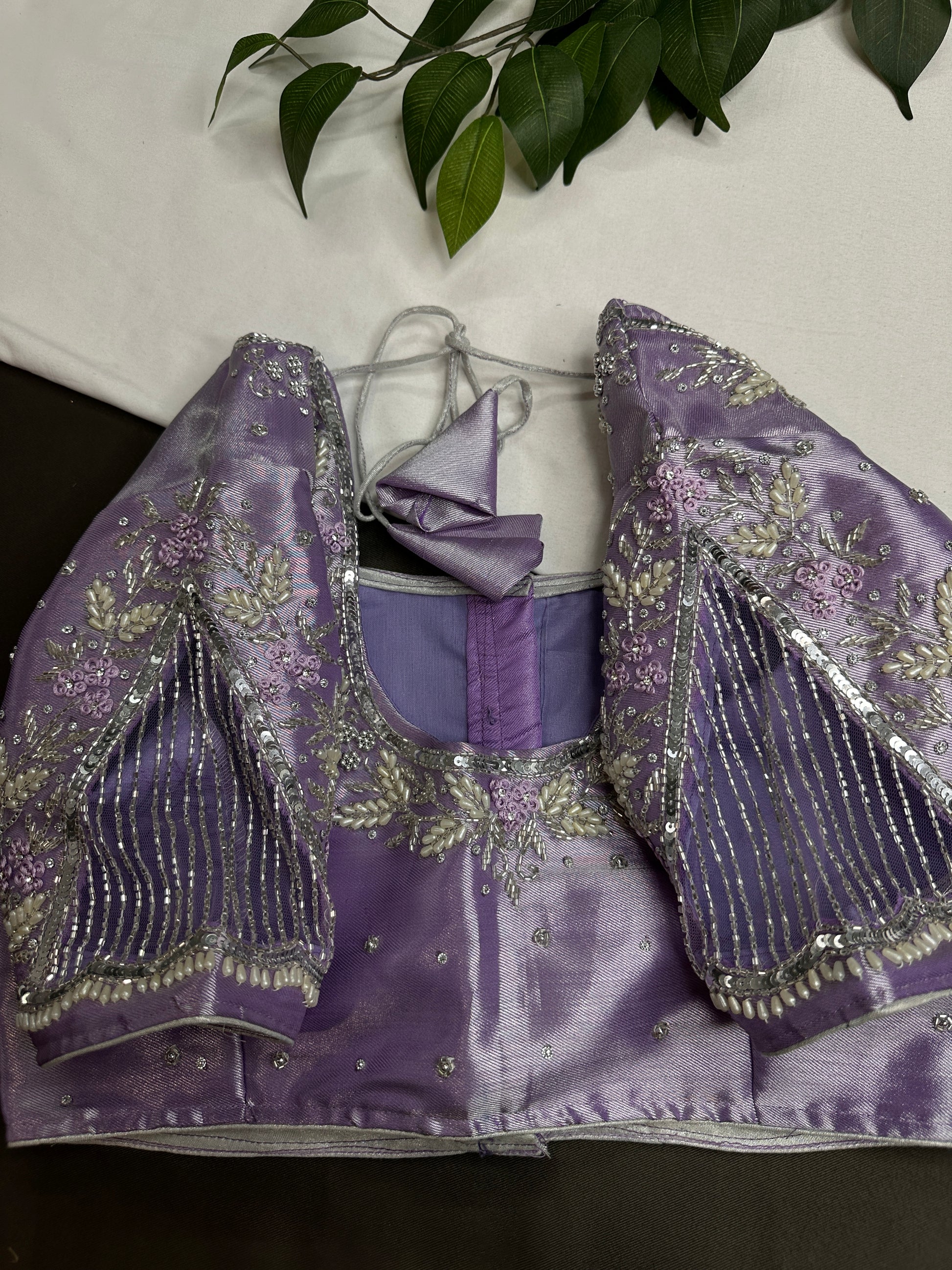 Pastel Purple Lavender Tissue Silk Maggam Aari Net Blouse - 