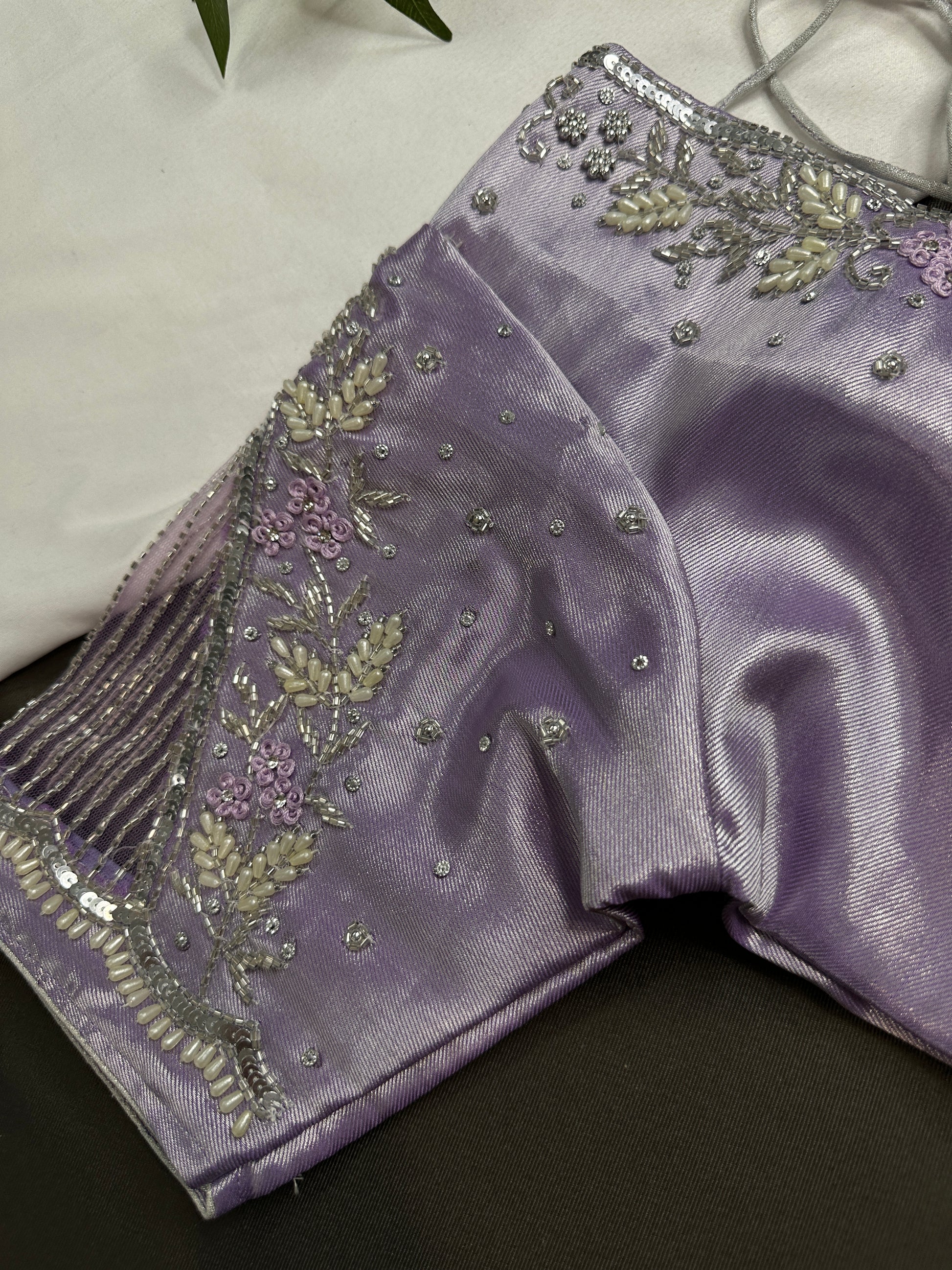 Pastel Purple Lavender Tissue Silk Maggam Aari Net Blouse - 