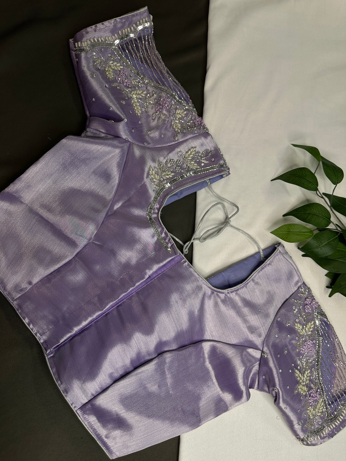 Pastel Purple Lavender Tissue Silk Maggam Aari Net Blouse - 