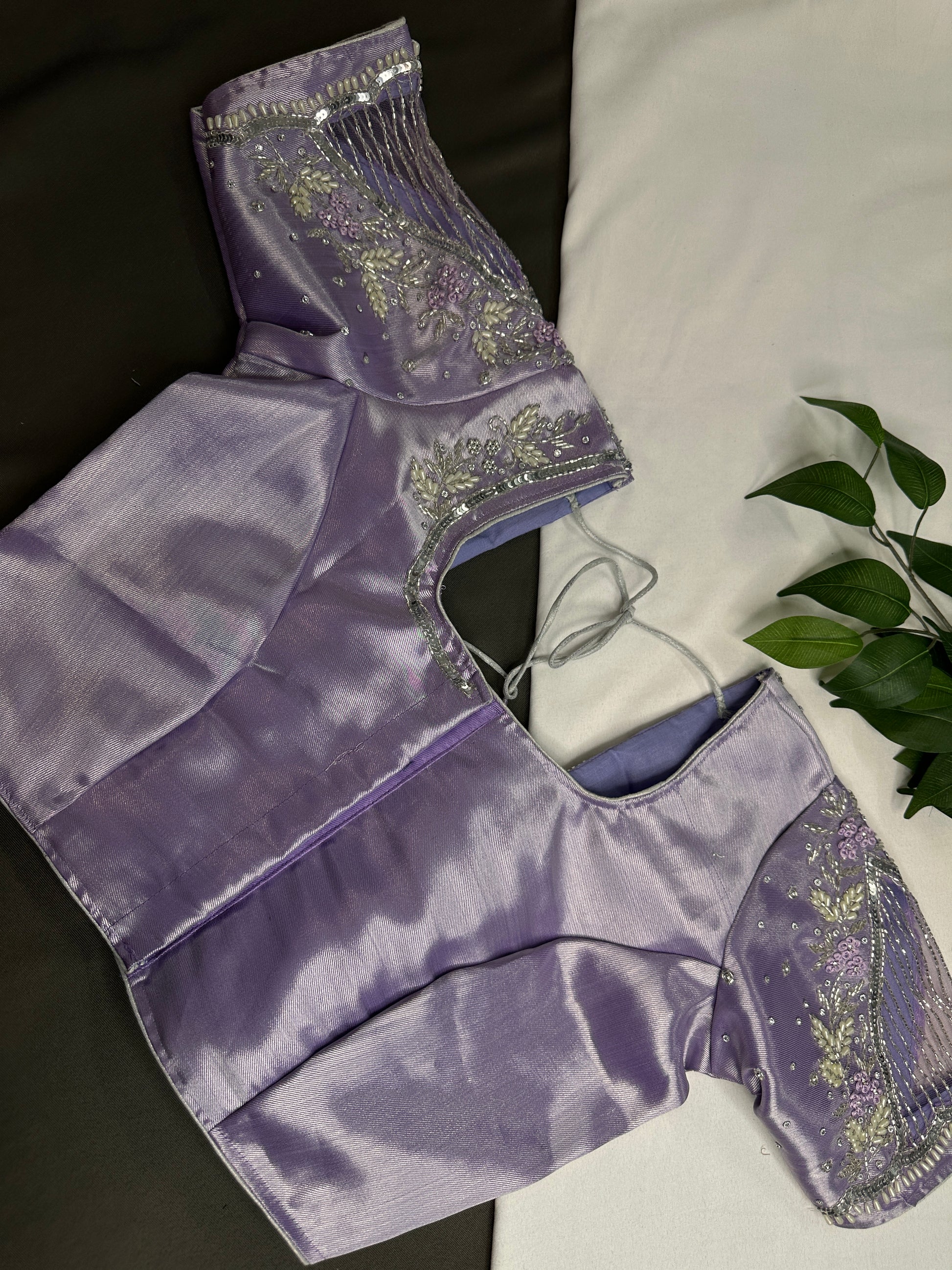 Pastel Purple Lavender Tissue Silk Maggam Aari Net Blouse - 