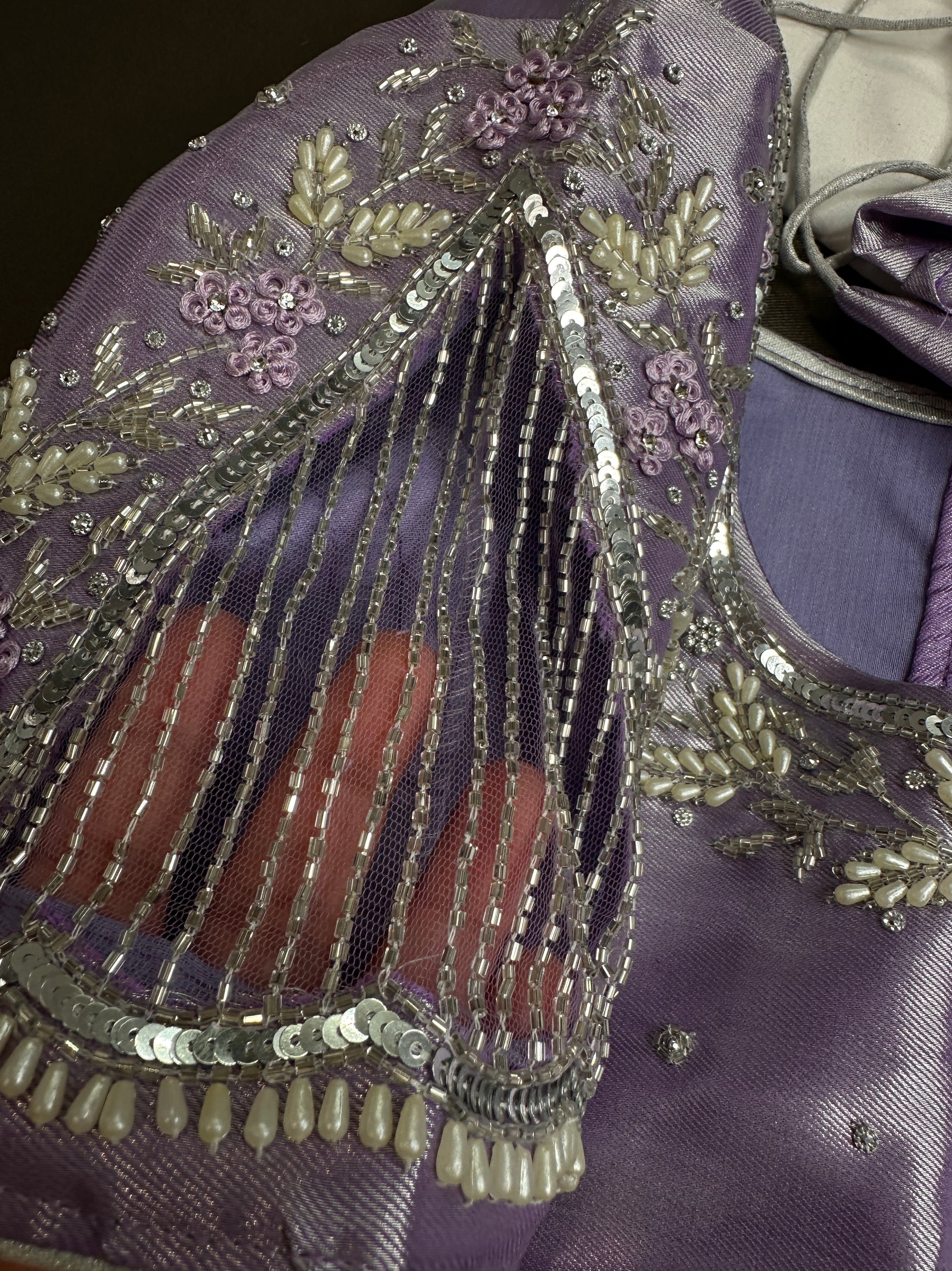 Pastel Purple Lavender Tissue Silk Maggam Aari Net Blouse - 