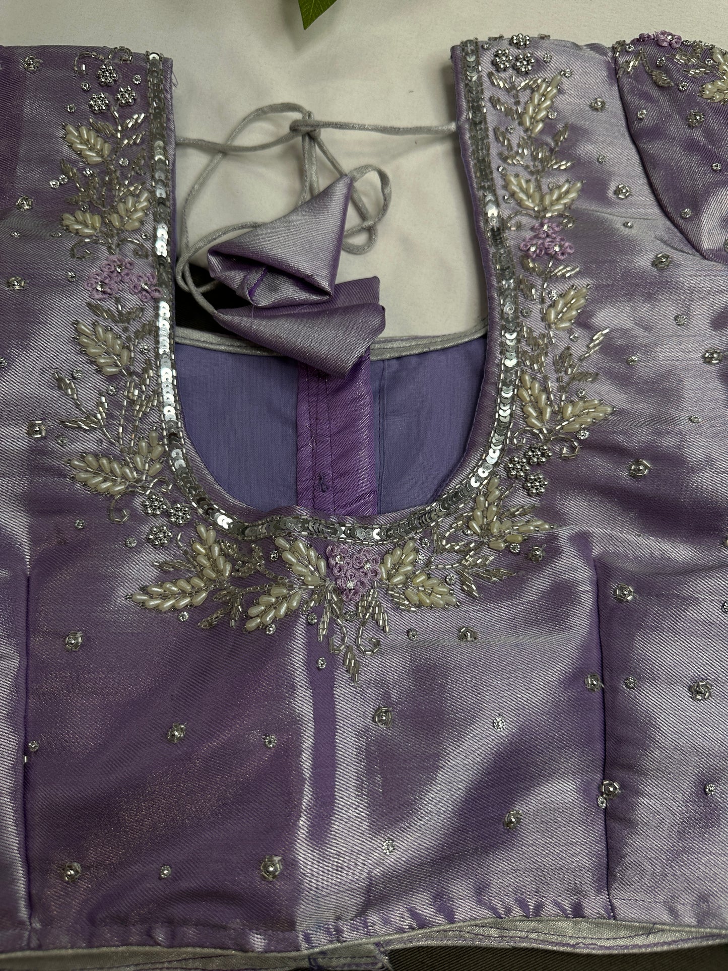 Pastel Purple Lavender Tissue Silk Maggam Aari Net Blouse - 